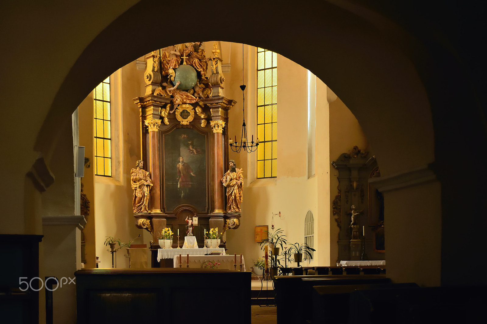 Nikon D5300 sample photo. Bilina, czech republic - may 12, 2018: sunny interior of kostel sv. petra a  pavla church with altar photography