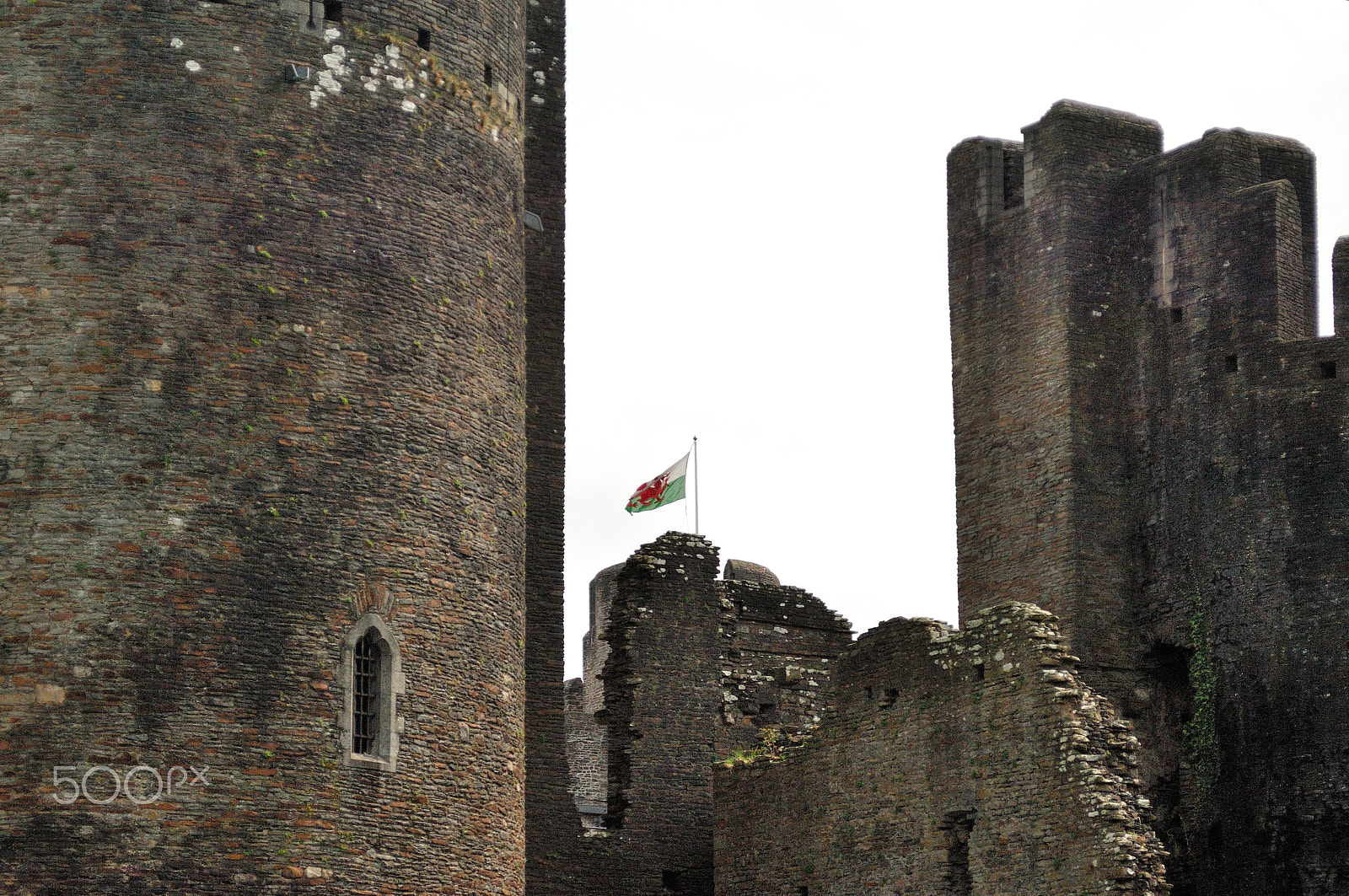 Nikon D2X sample photo. Towers and flag --caerphilly photography
