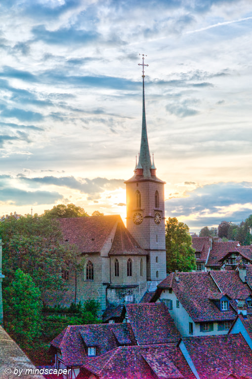 Leica M9 sample photo. Sunset at nydegg church - berne sky story photography