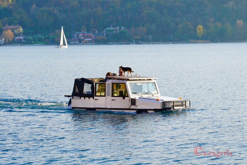 Sony a7R II sample photo. Amphibious car on lake photography