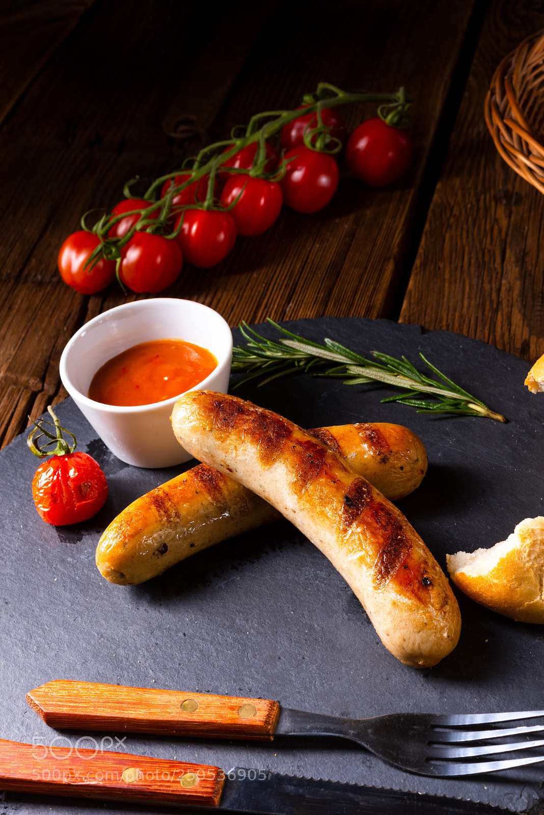 Nikon D810 sample photo. Rustic bratwurst with ketchup photography