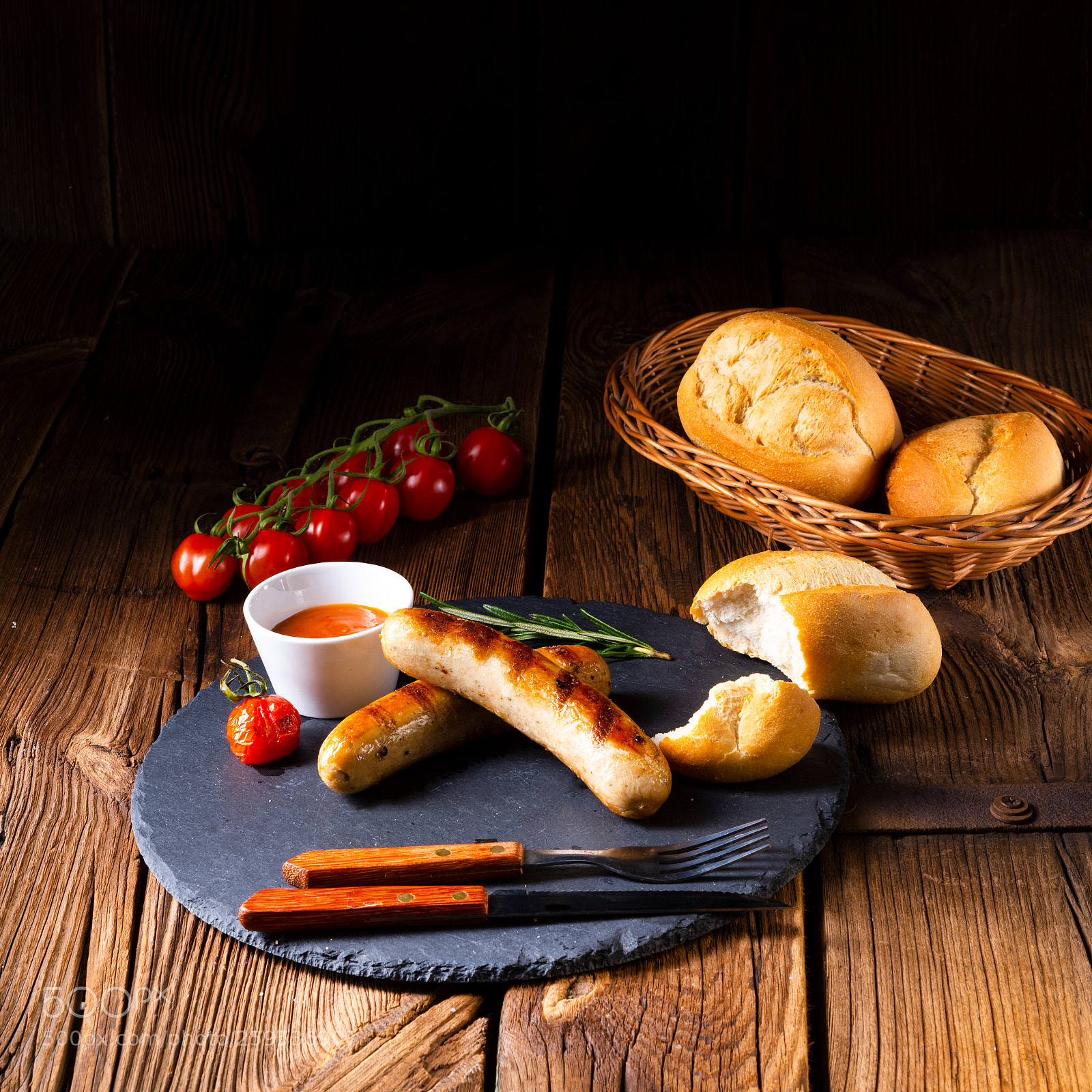 Nikon D810 sample photo. Rustic bratwurst with ketchup photography