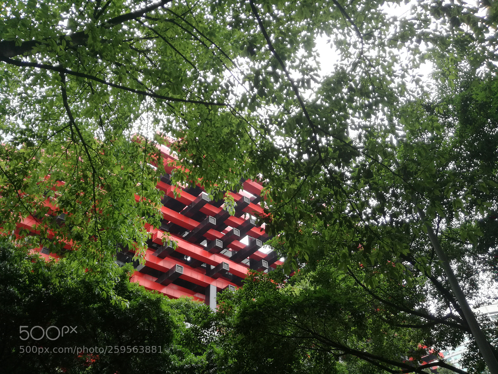 HUAWEI P9 LITE sample photo. Red building between leaves photography