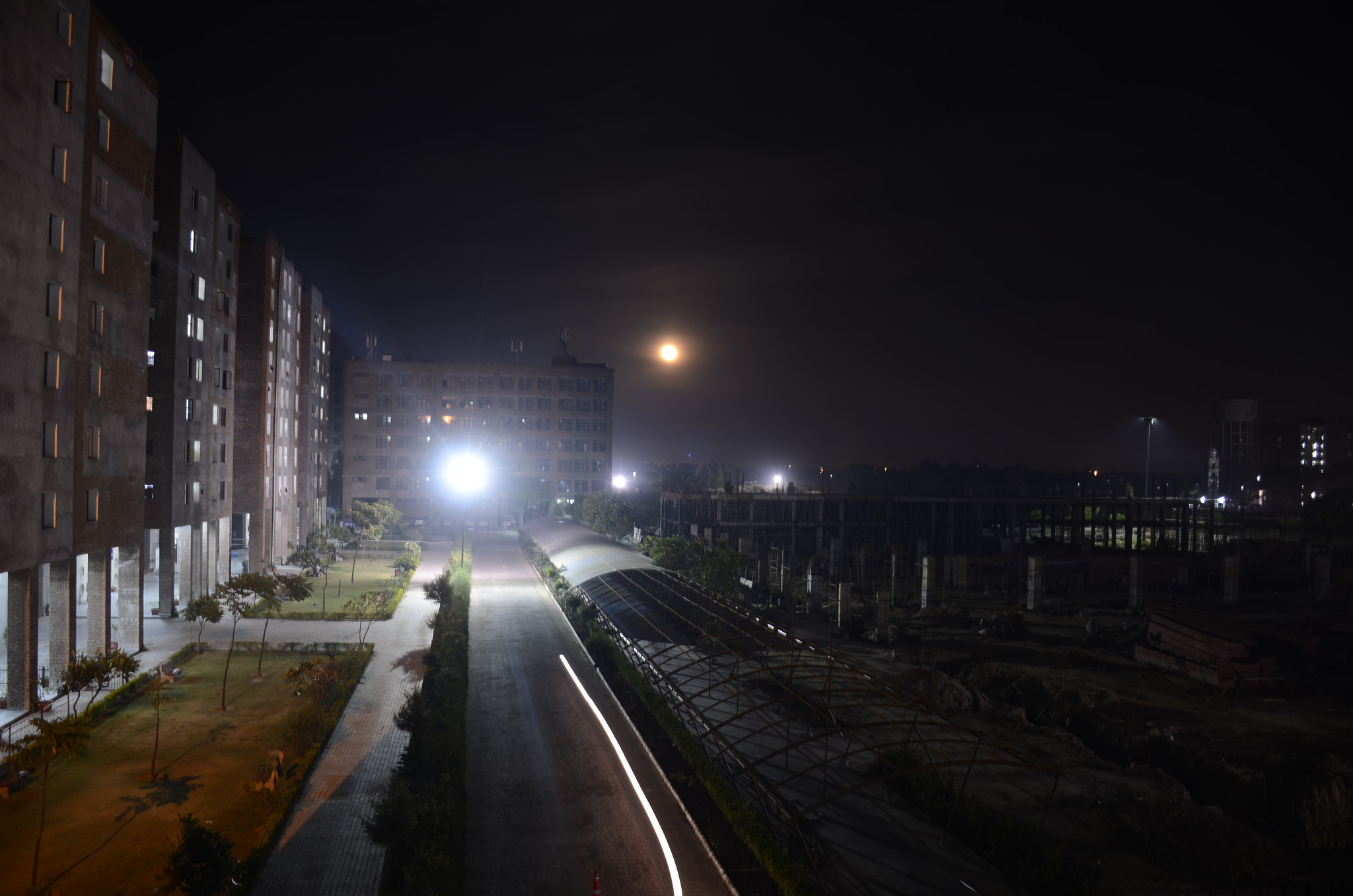 Nikon D7000 sample photo. Long night lights with moon photography