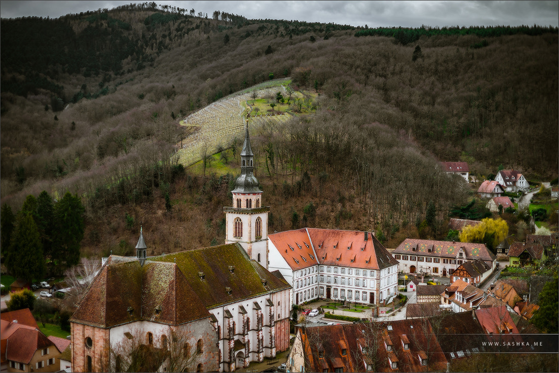 Sony a99 II sample photo. Medieval abbey church in andlau, alsace, france, aerial view photography