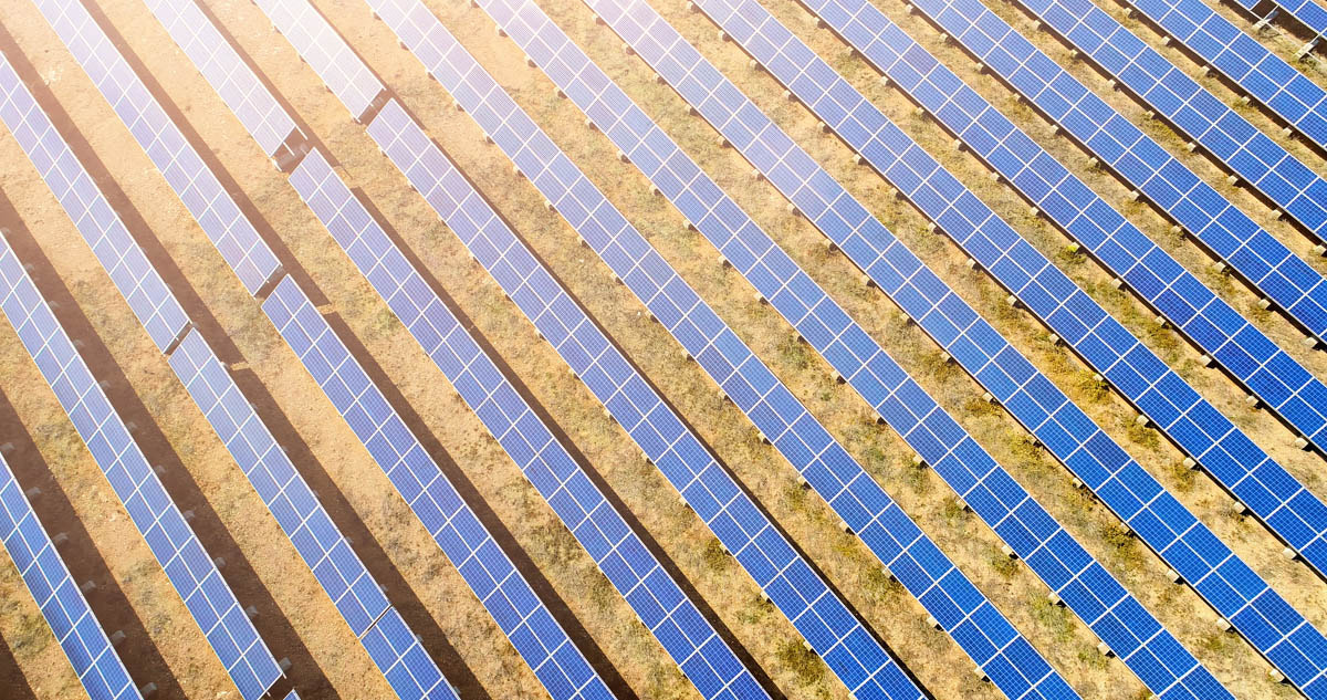 Aerial view of solar panel power plant