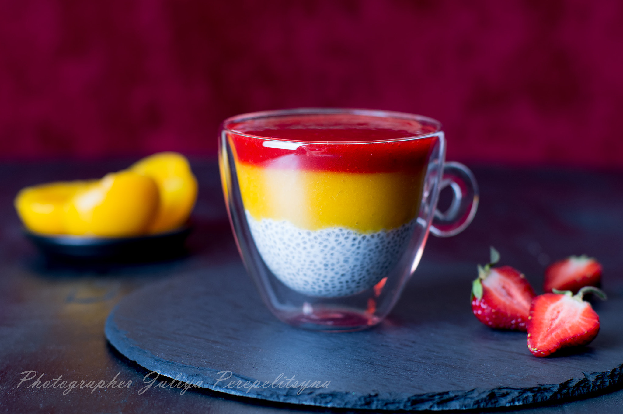 Sony SLT-A37 sample photo. Almond milk chia seeds pudding with strawberry peach topping photography
