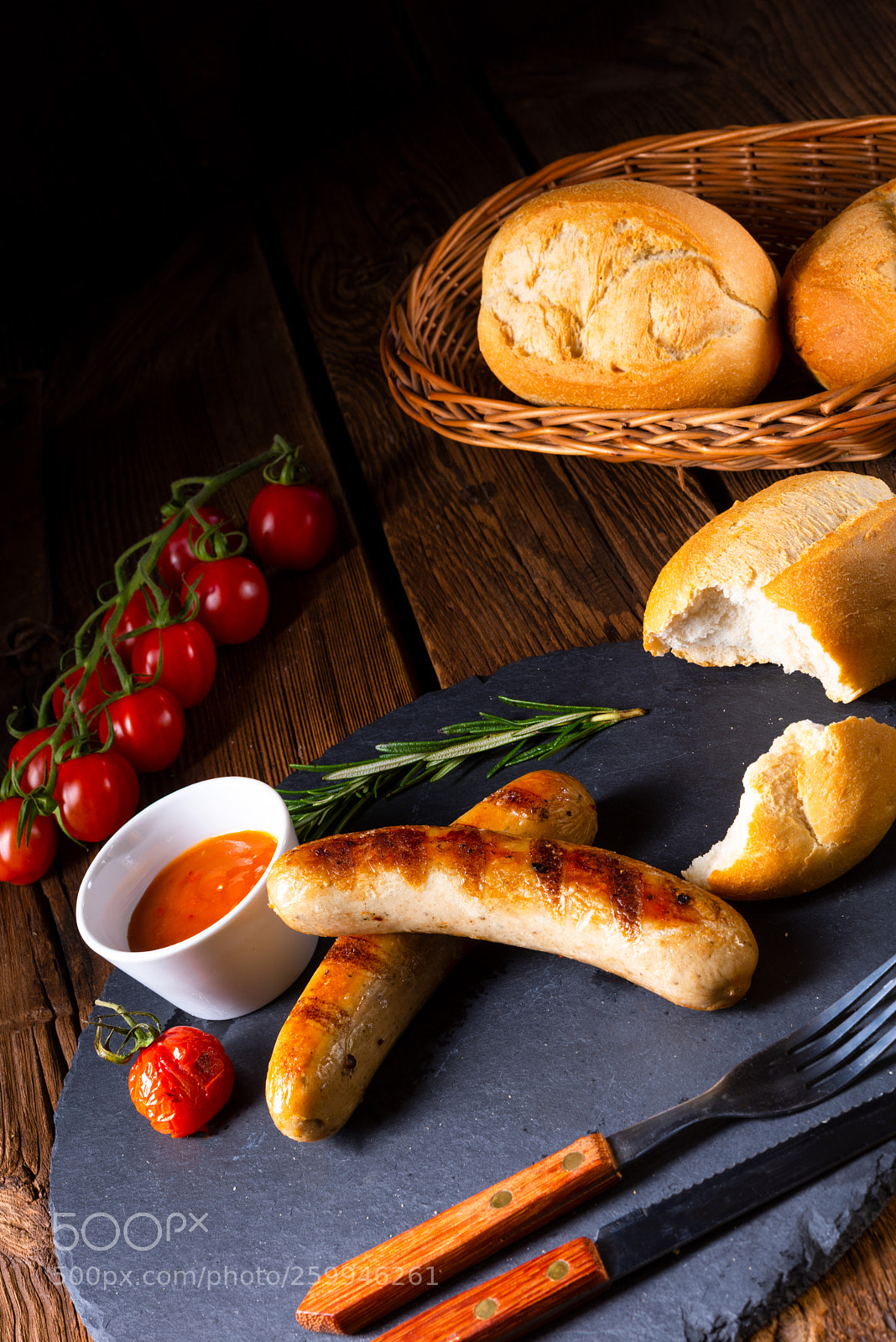 Nikon D810 sample photo. Rustic bratwurst with ketchup photography