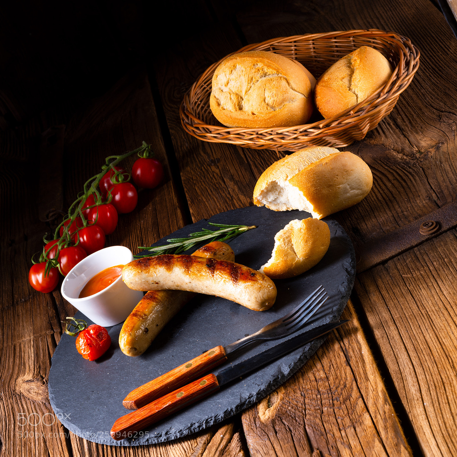 Nikon D810 sample photo. Rustic bratwurst with ketchup photography
