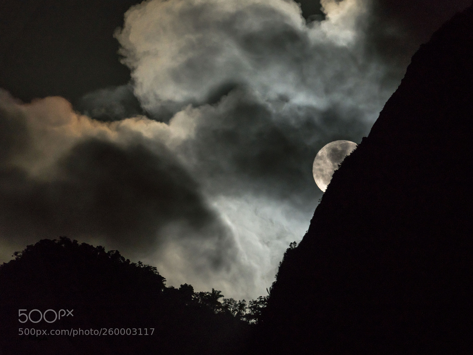 Sony a7R II sample photo. Full moon-set behind clouds photography