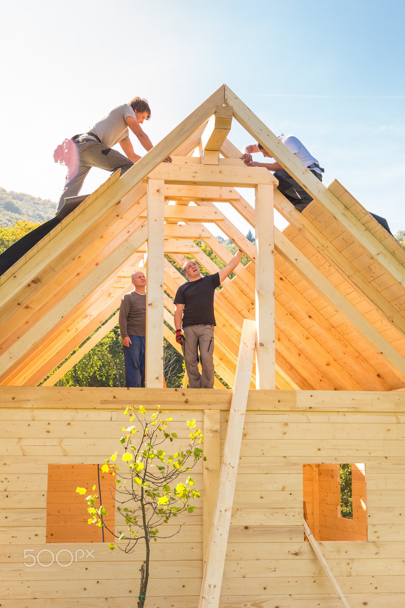 Builders at work with wooden roof construction.