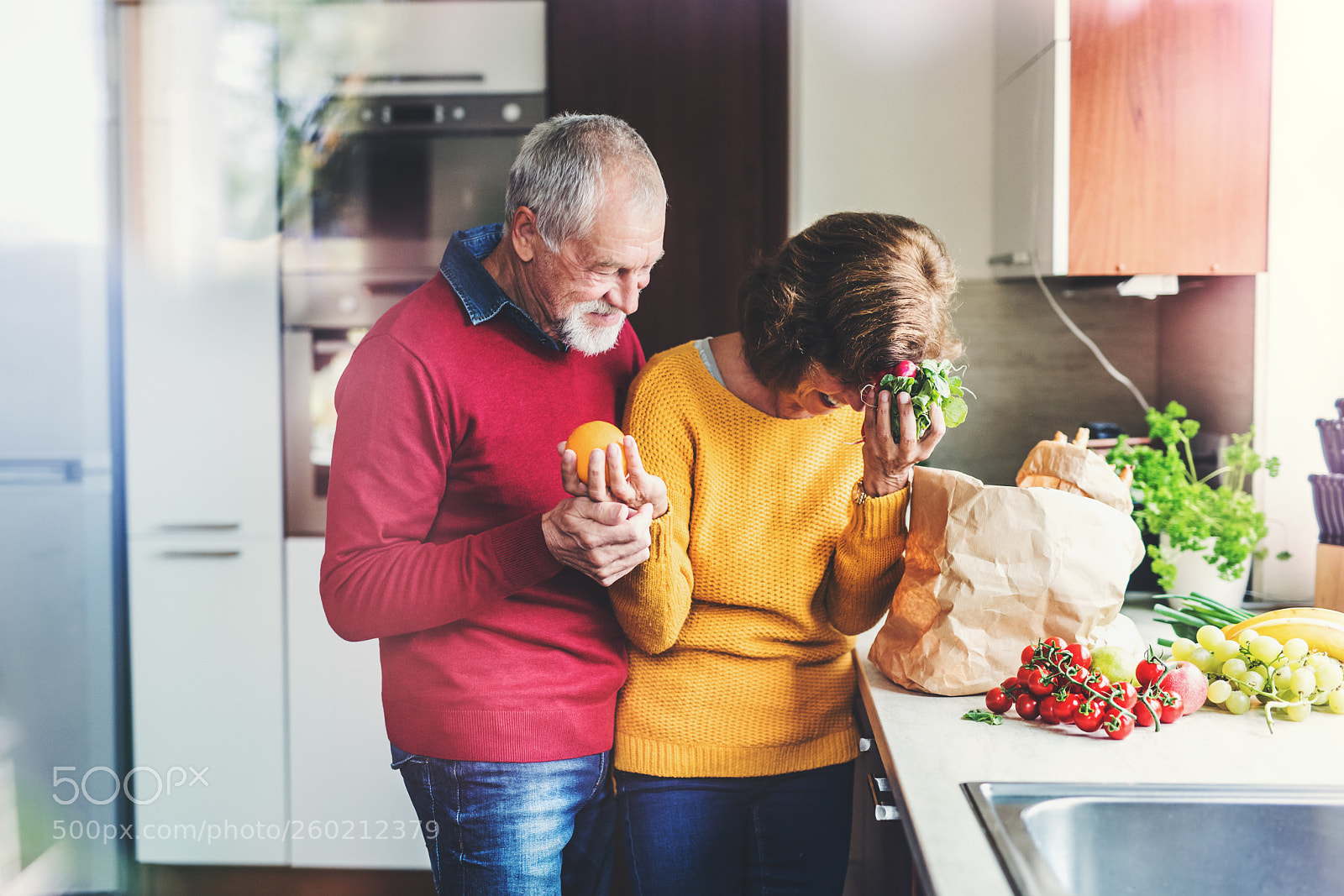 Nikon D5 sample photo. Senior couple unpacking food photography