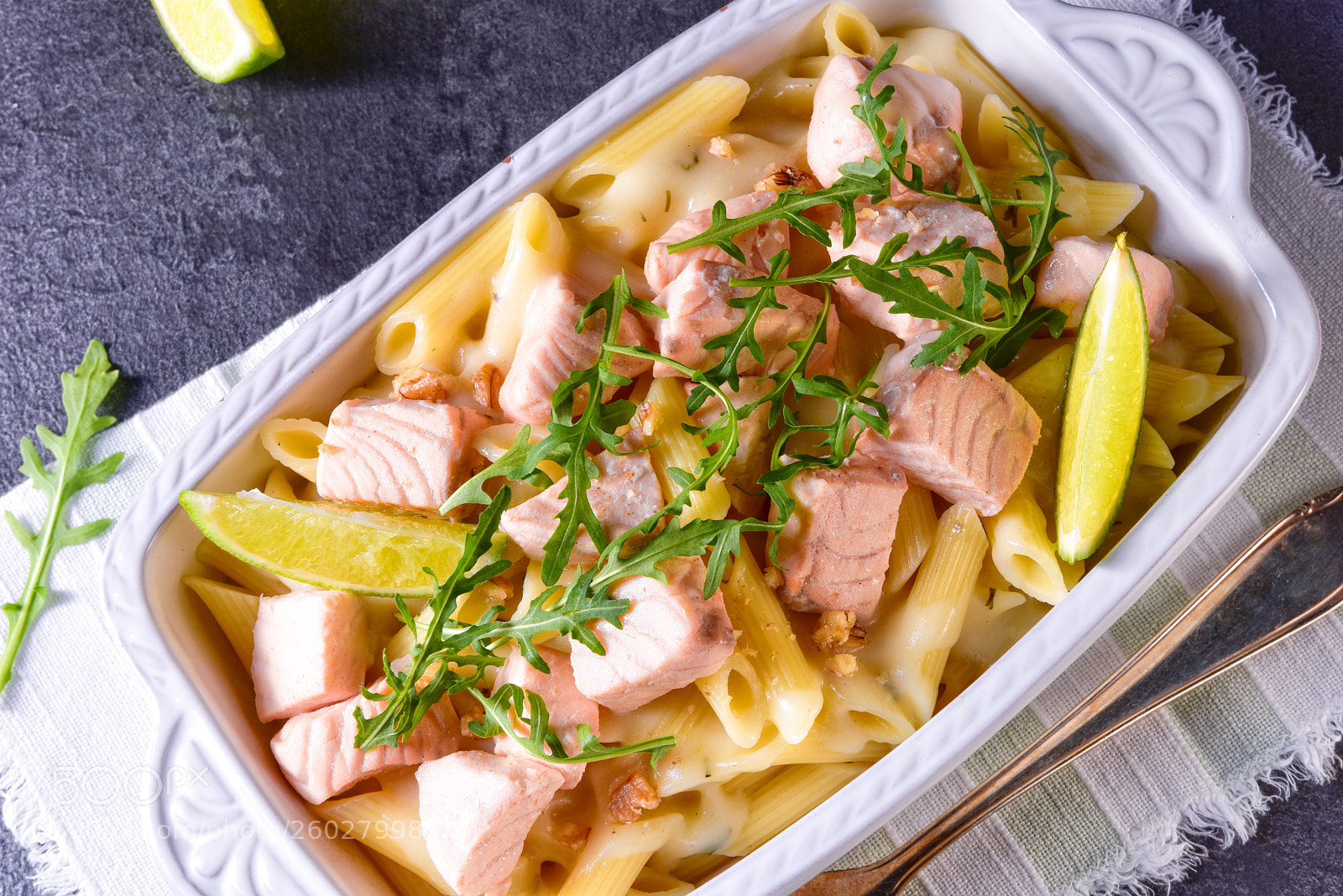 Nikon D810 sample photo. Salmon with penne noodle photography