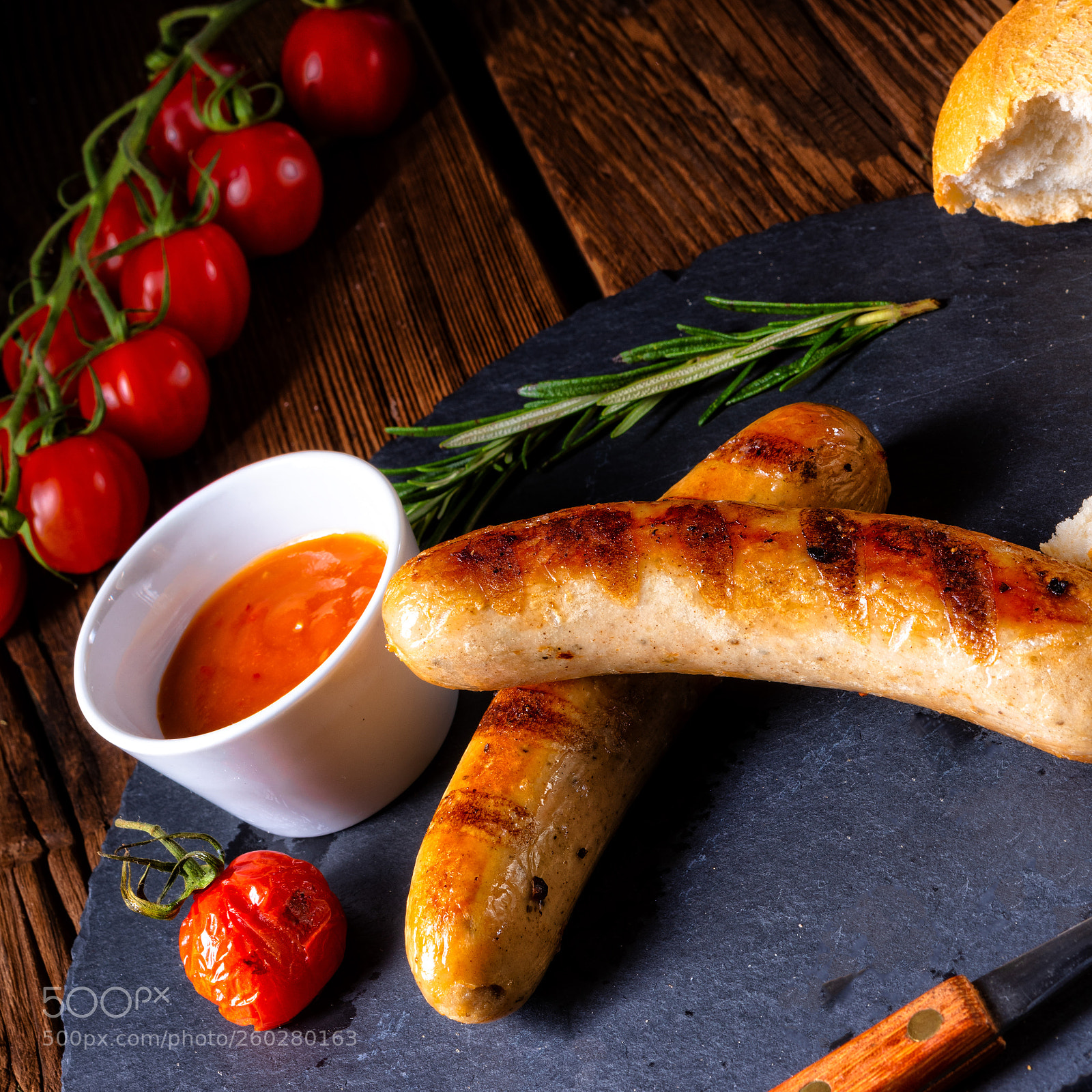 Nikon D810 sample photo. Rustic bratwurst with ketchup photography