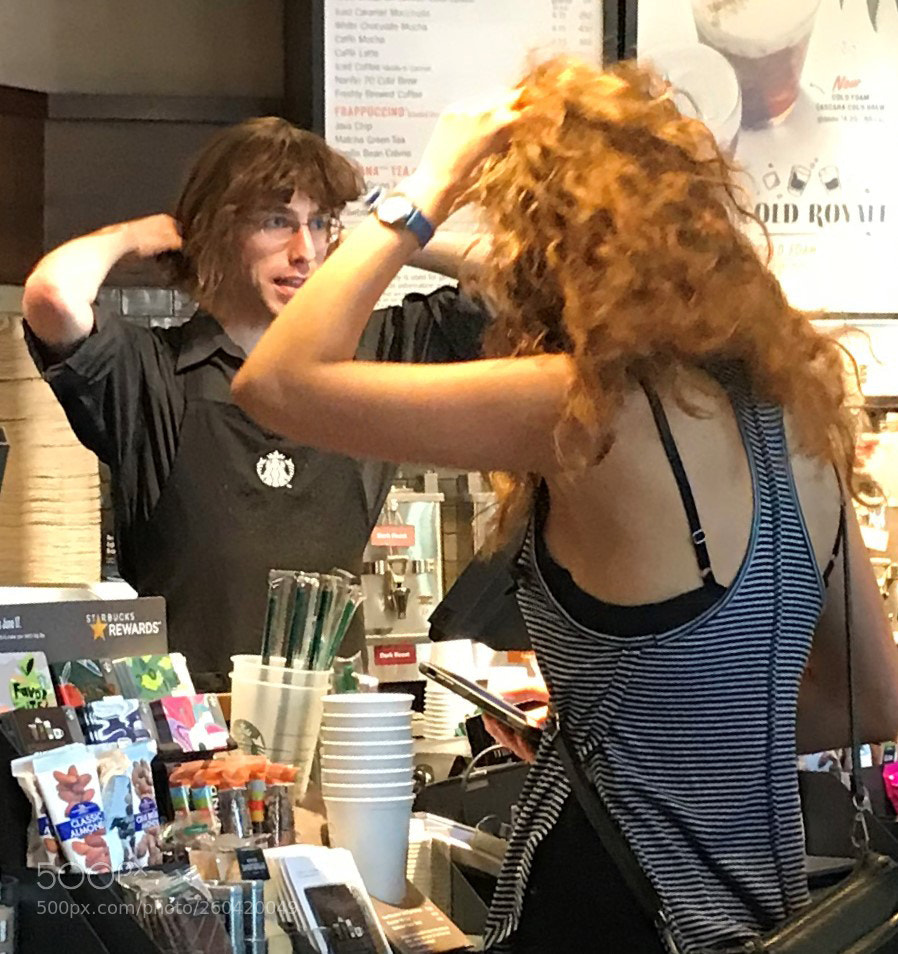 Apple iPhone 7 Plus sample photo. Barista & customer comparing hair photography