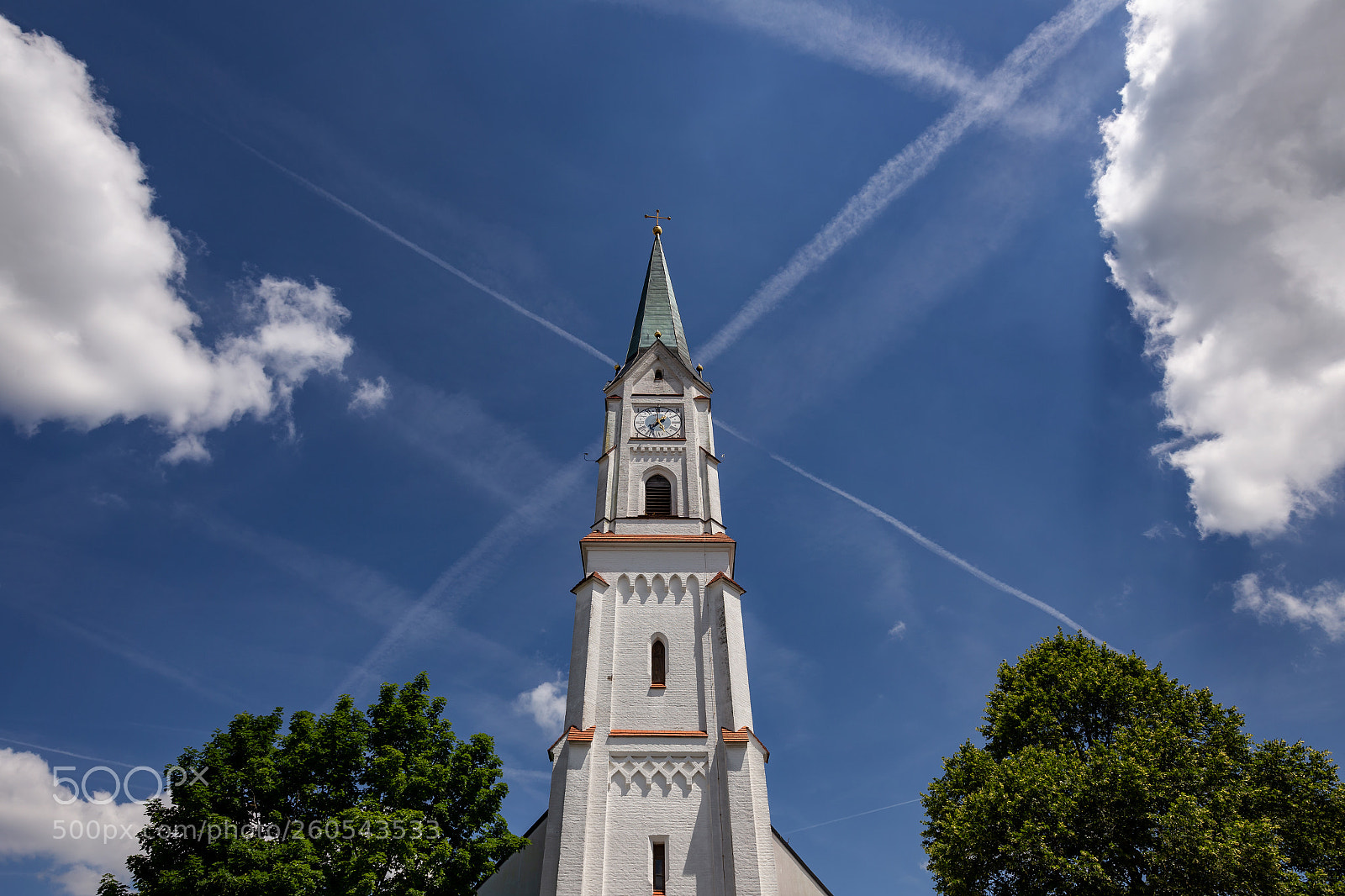 Canon EOS 6D sample photo. Contrails behind church photography