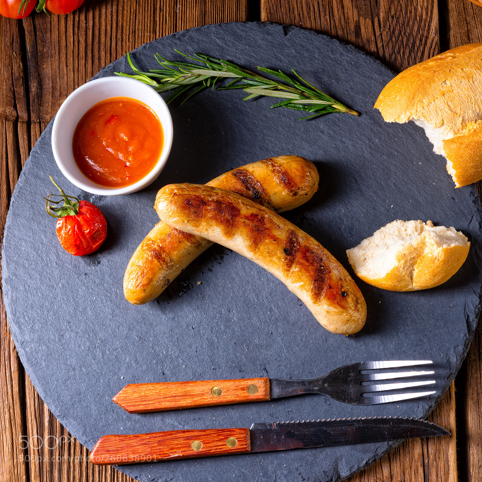 Nikon D810 sample photo. Rustic bratwurst with ketchup photography