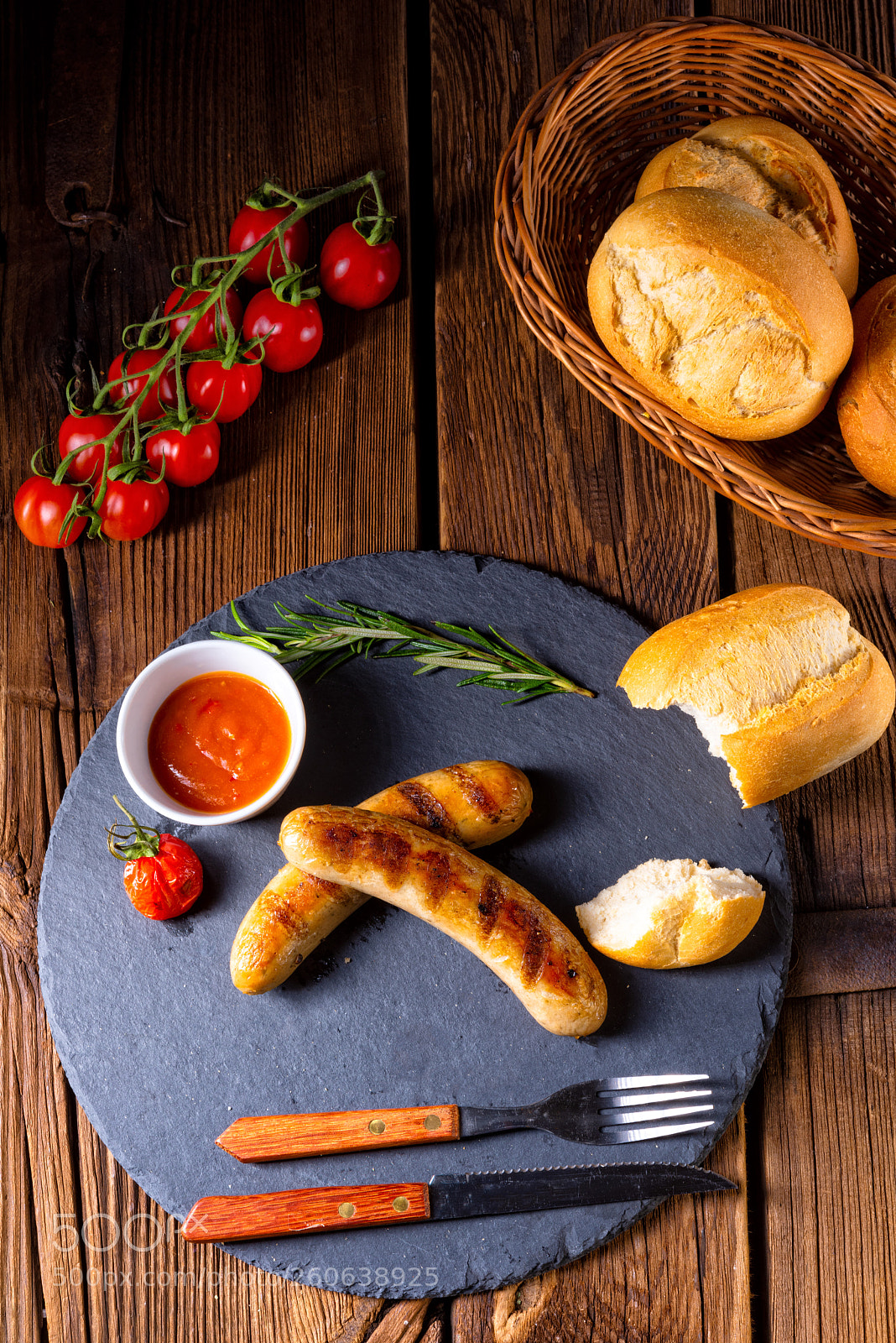 Nikon D810 sample photo. Rustic bratwurst with ketchup photography