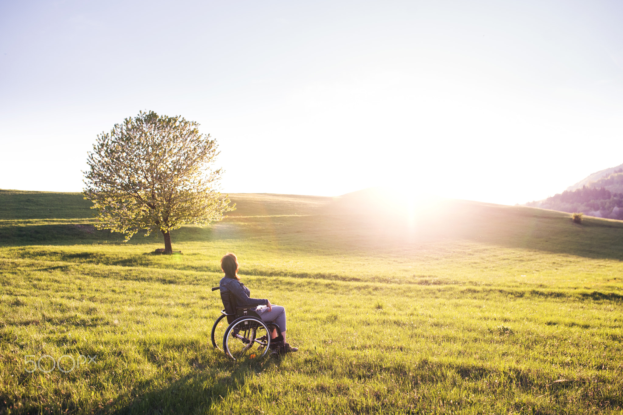 A woman in wheelchair in nature at sunset.
