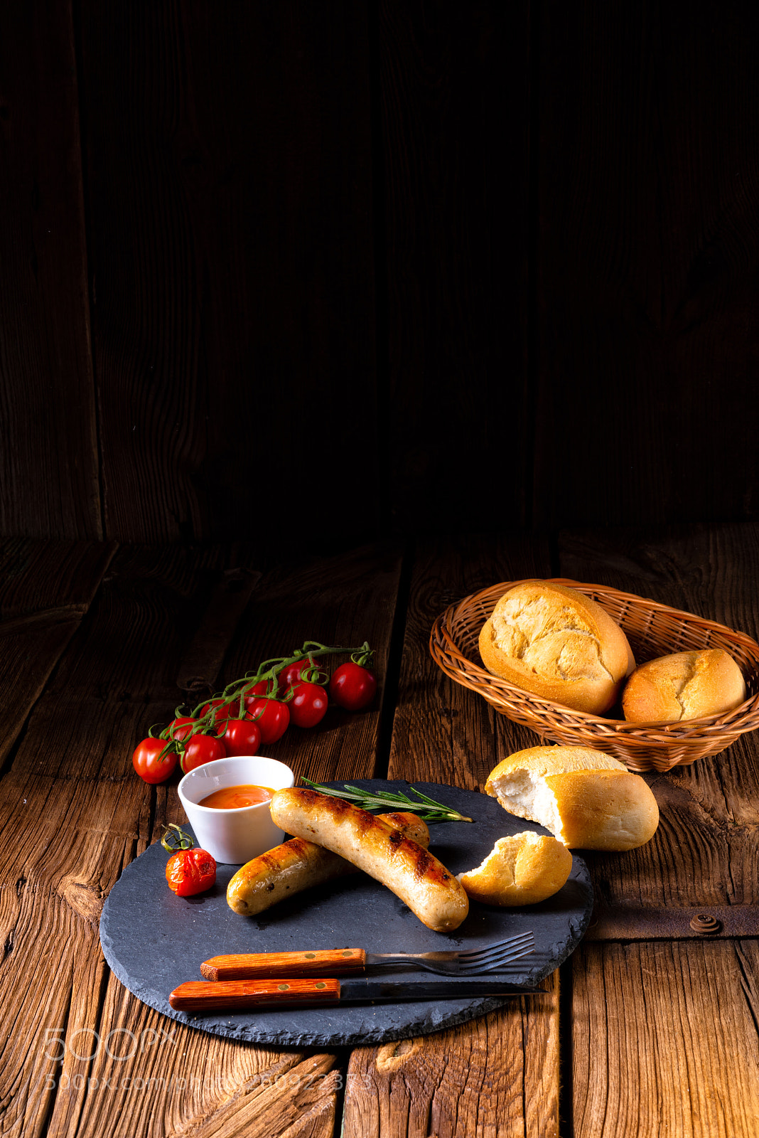 Nikon D810 sample photo. Rustic bratwurst with ketchup photography