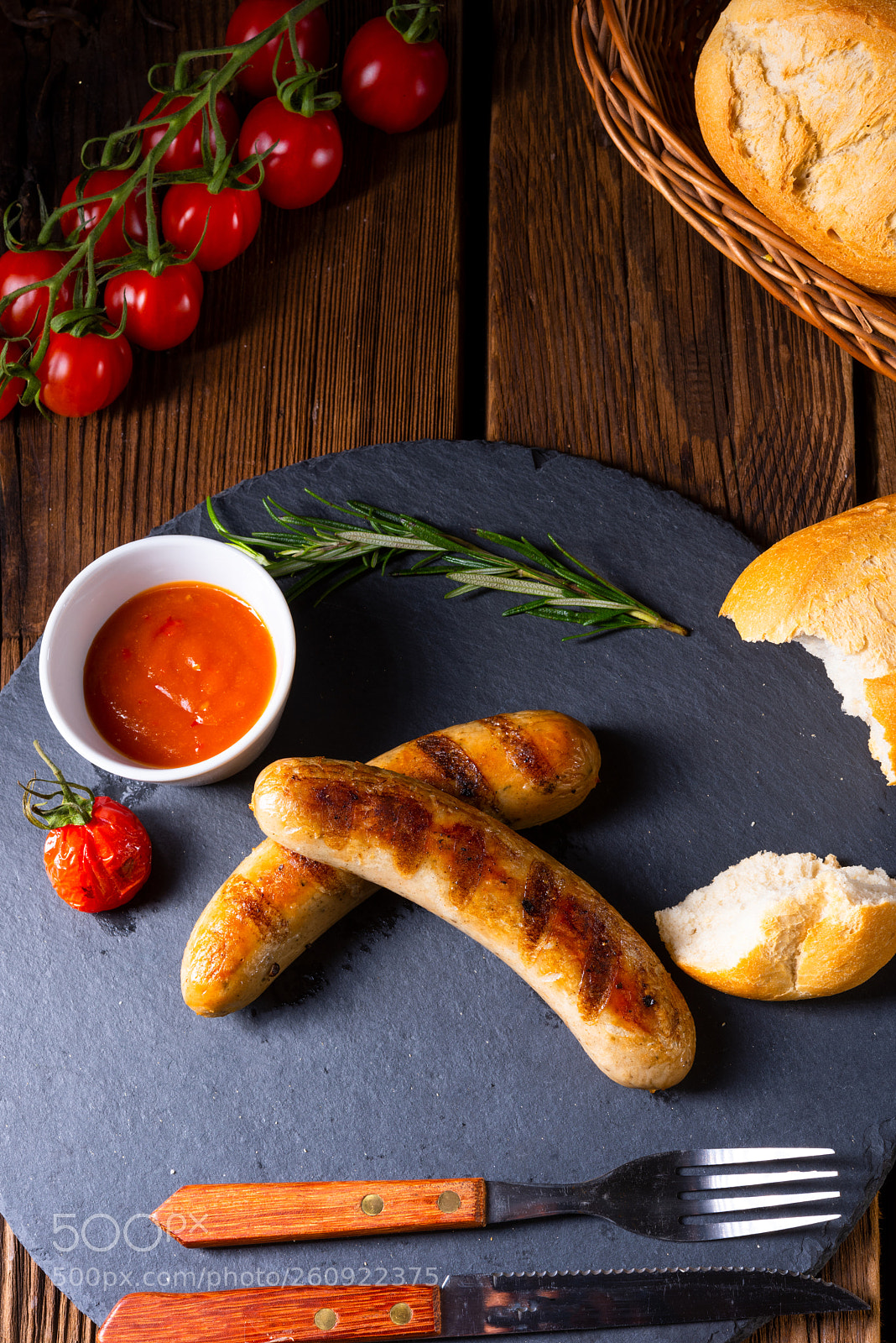 Nikon D810 sample photo. Rustic bratwurst with ketchup photography