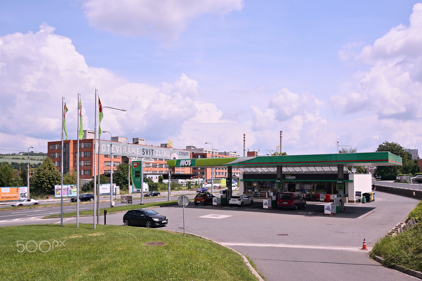 Nikon D5300 sample photo. Zlin, czech republic - june 02, 2018: filling station named mol with cars near tomas bata street... photography