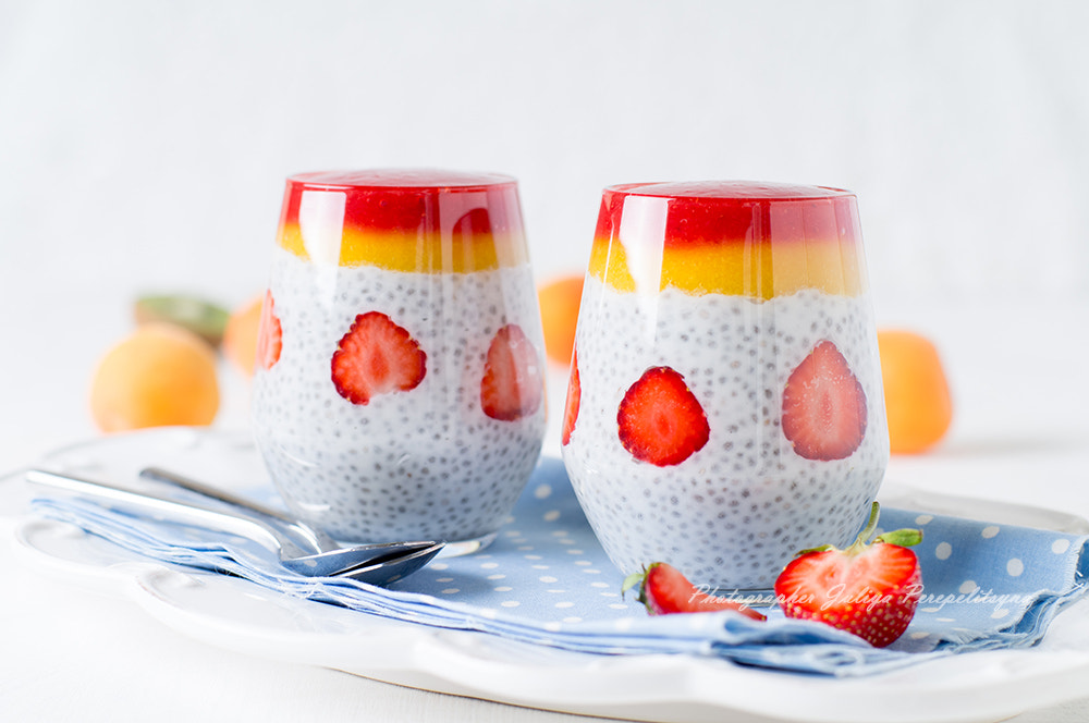 Sony SLT-A37 sample photo. Coconut chia seed pudding with fruit topping photography