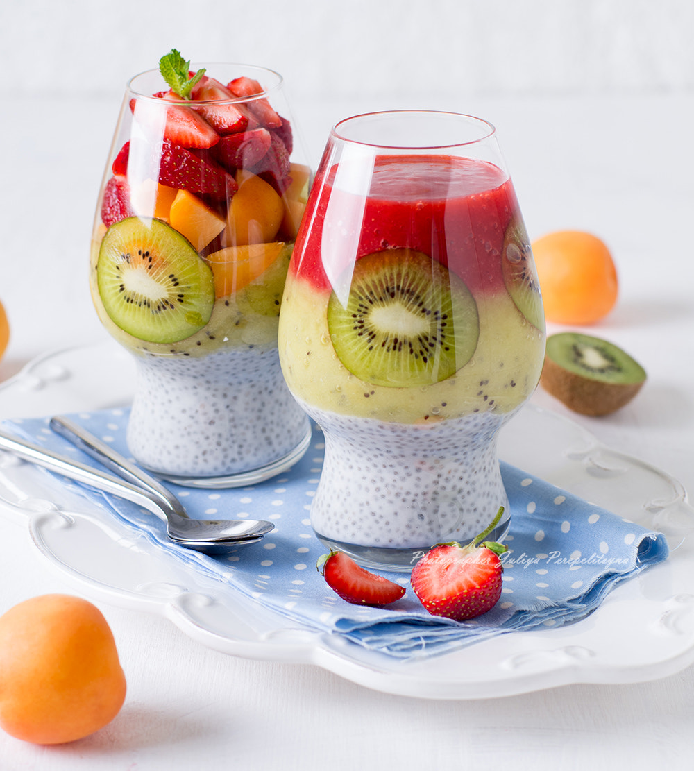 Sony SLT-A37 sample photo. Coconut chia seed pudding with fruit topping photography