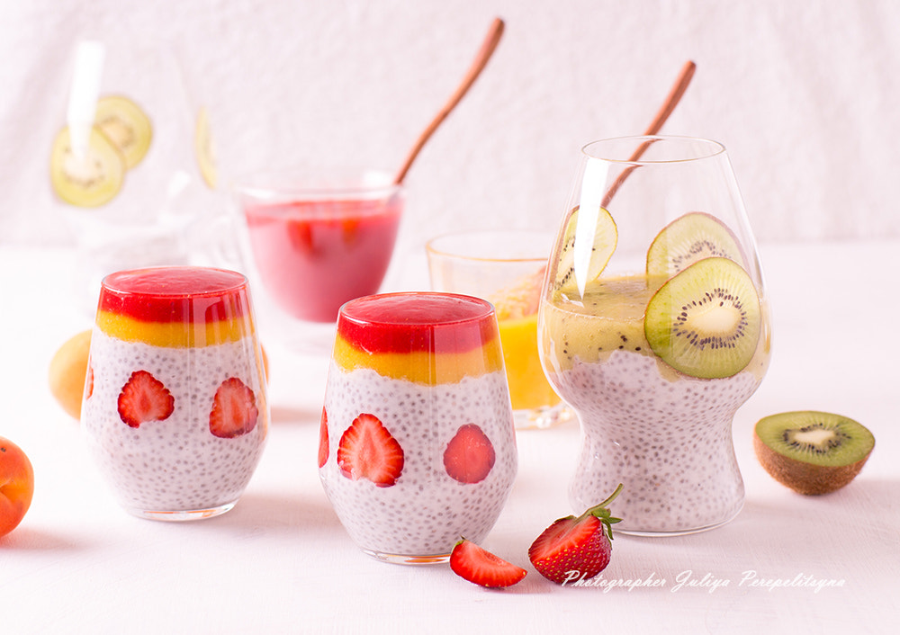 Sony SLT-A37 sample photo. Coconut chia seed pudding with fruit topping photography