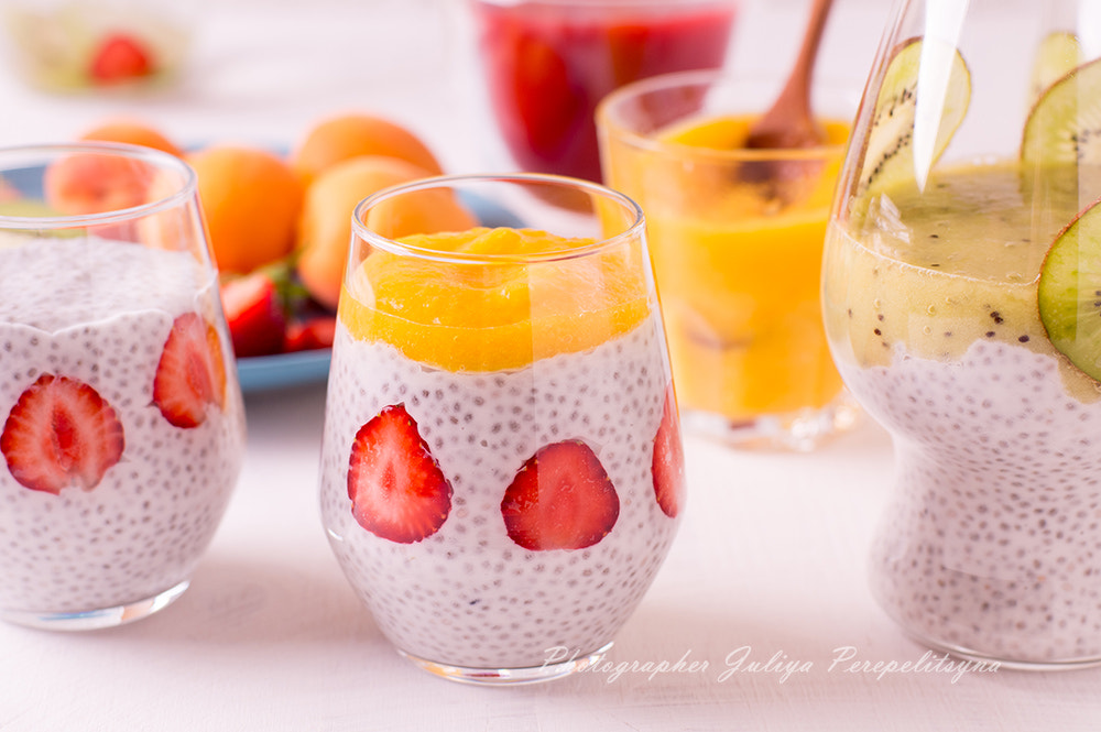 Sony SLT-A37 sample photo. Coconut chia seed pudding with fruit topping photography