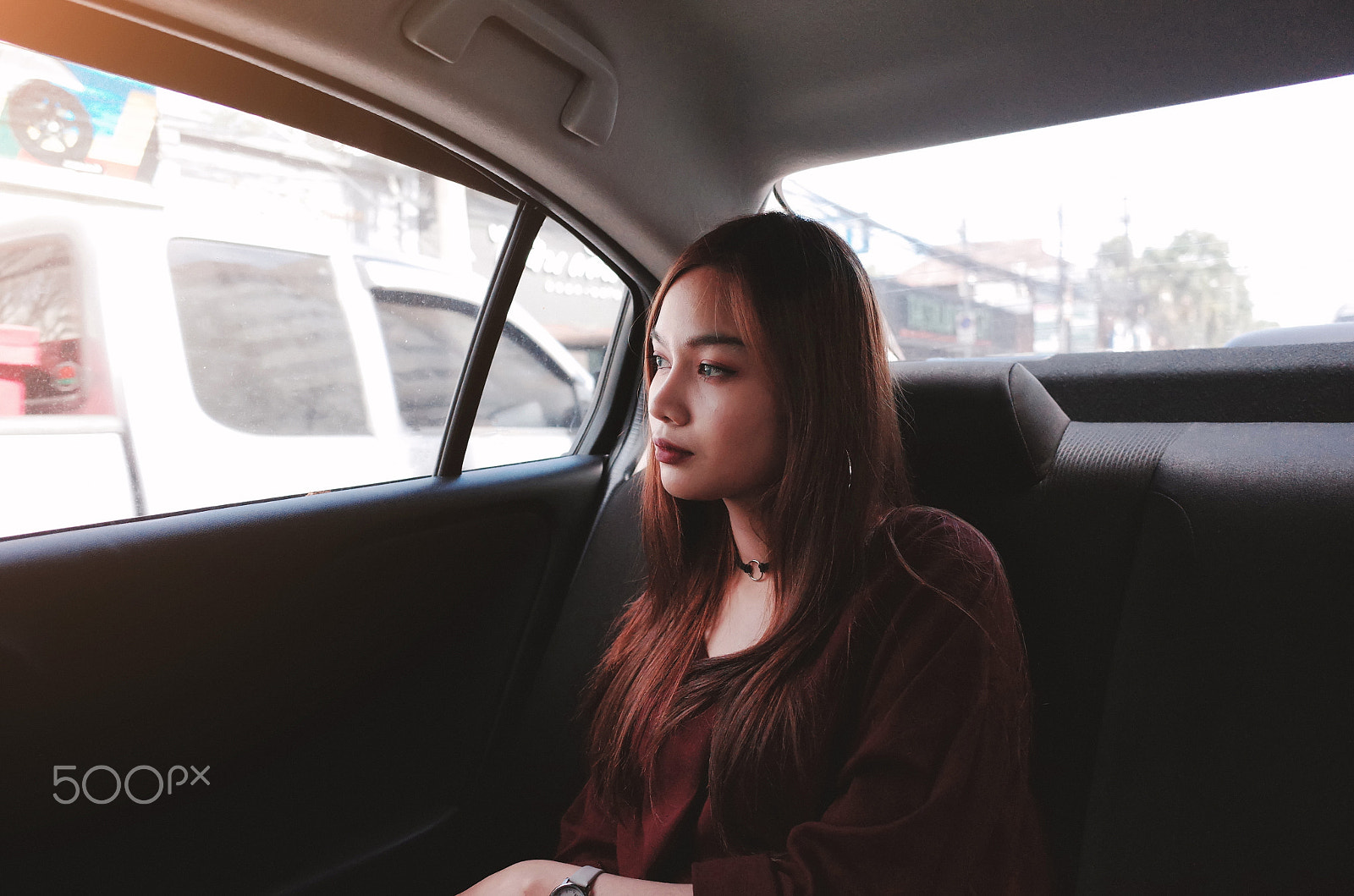 Ricoh GR II sample photo. Beautiful young woman is sitting on back seat in the car photography