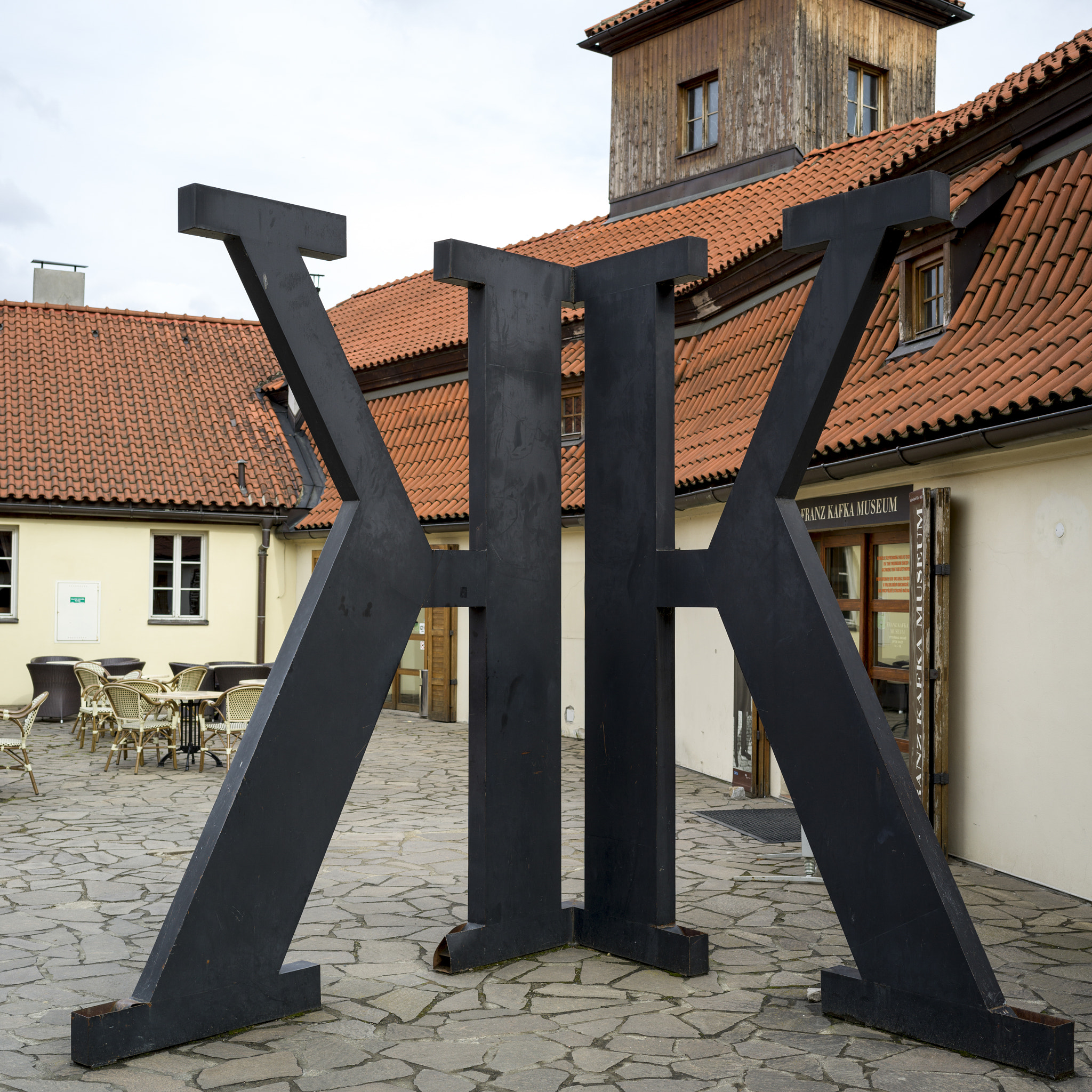 Hasselblad X1D-50c sample photo. Sculpture of letters k in the courtyard of franz kafka museum, p photography