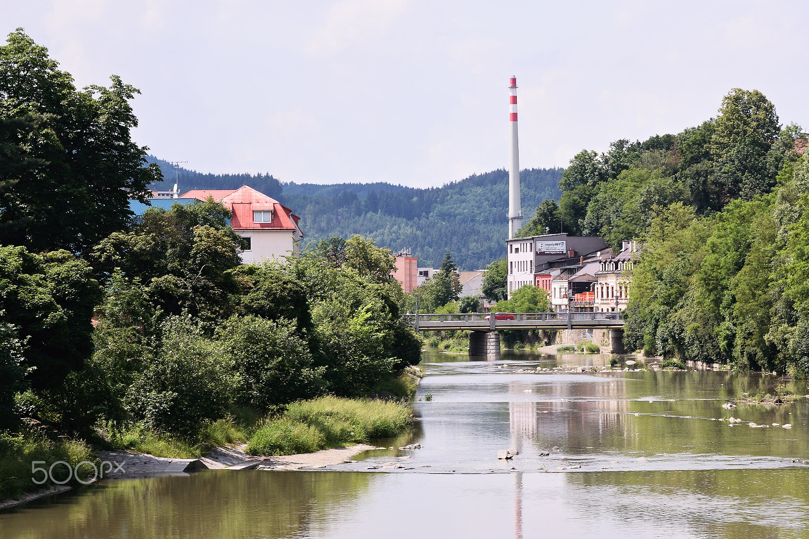 Nikon D5300 sample photo. Vsetin, czech republic - june 02, 2018: bridge over vsetinska becva river between trees and old... photography