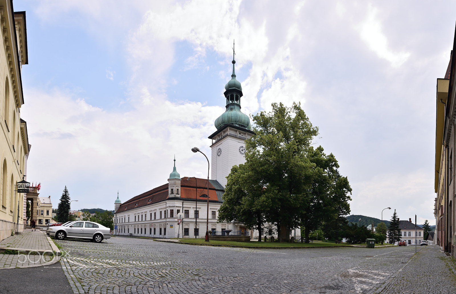 Nikon D5300 sample photo. Vsetin, czech republic - june 02, 2018: horni namesti square with pavement, big trees and tower... photography