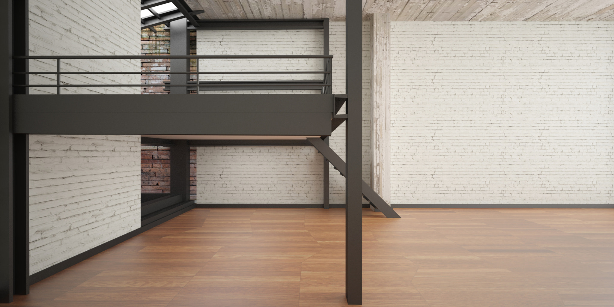 3d interior rendering industrial Mezzanine space and wood floor and Loft design