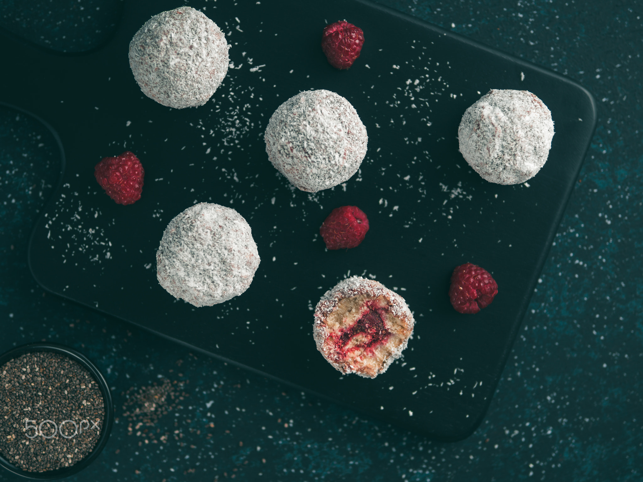 Raw lamington bliss balls with raspberries chia jam