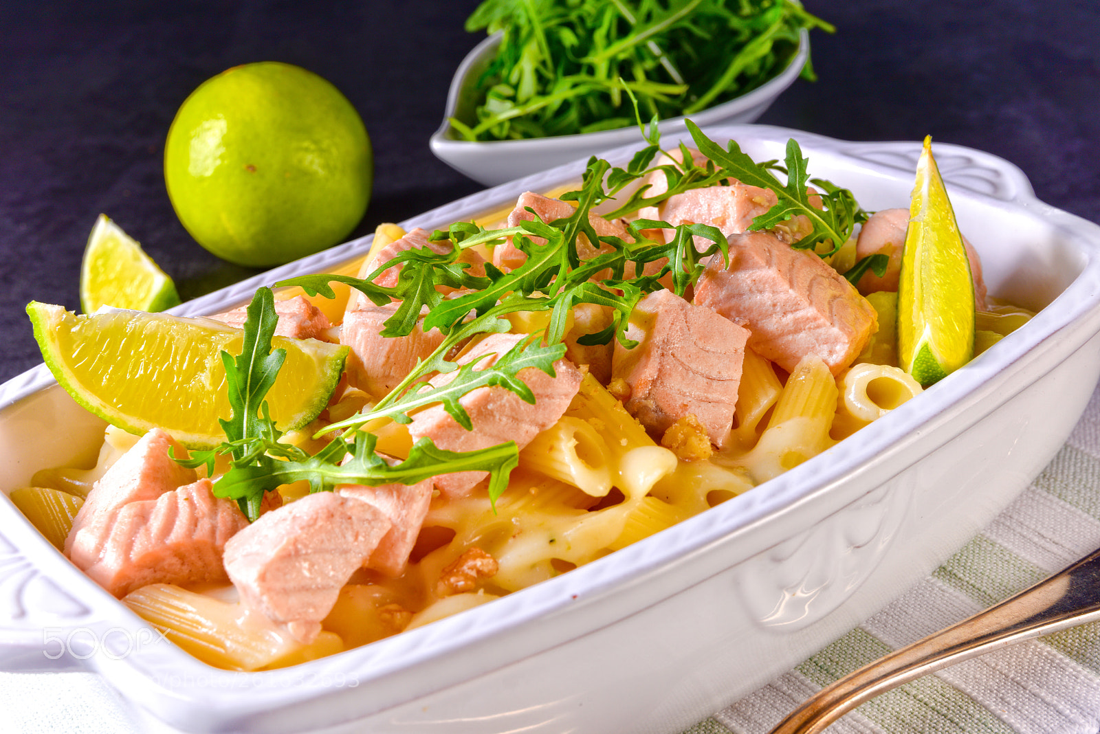 Nikon D810 sample photo. Salmon with penne noodle photography