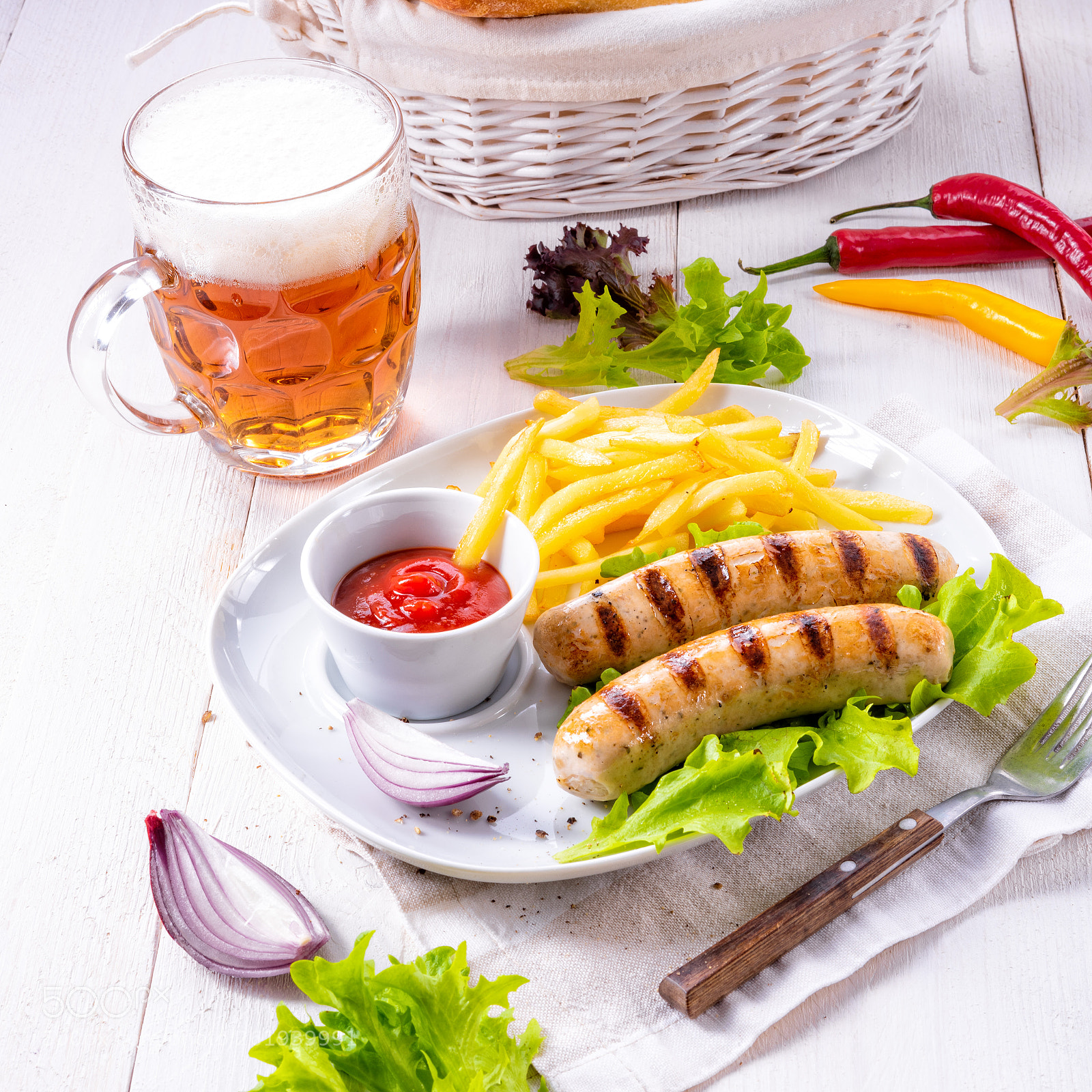 Nikon D810 sample photo. Grilled bratwurst with chips photography