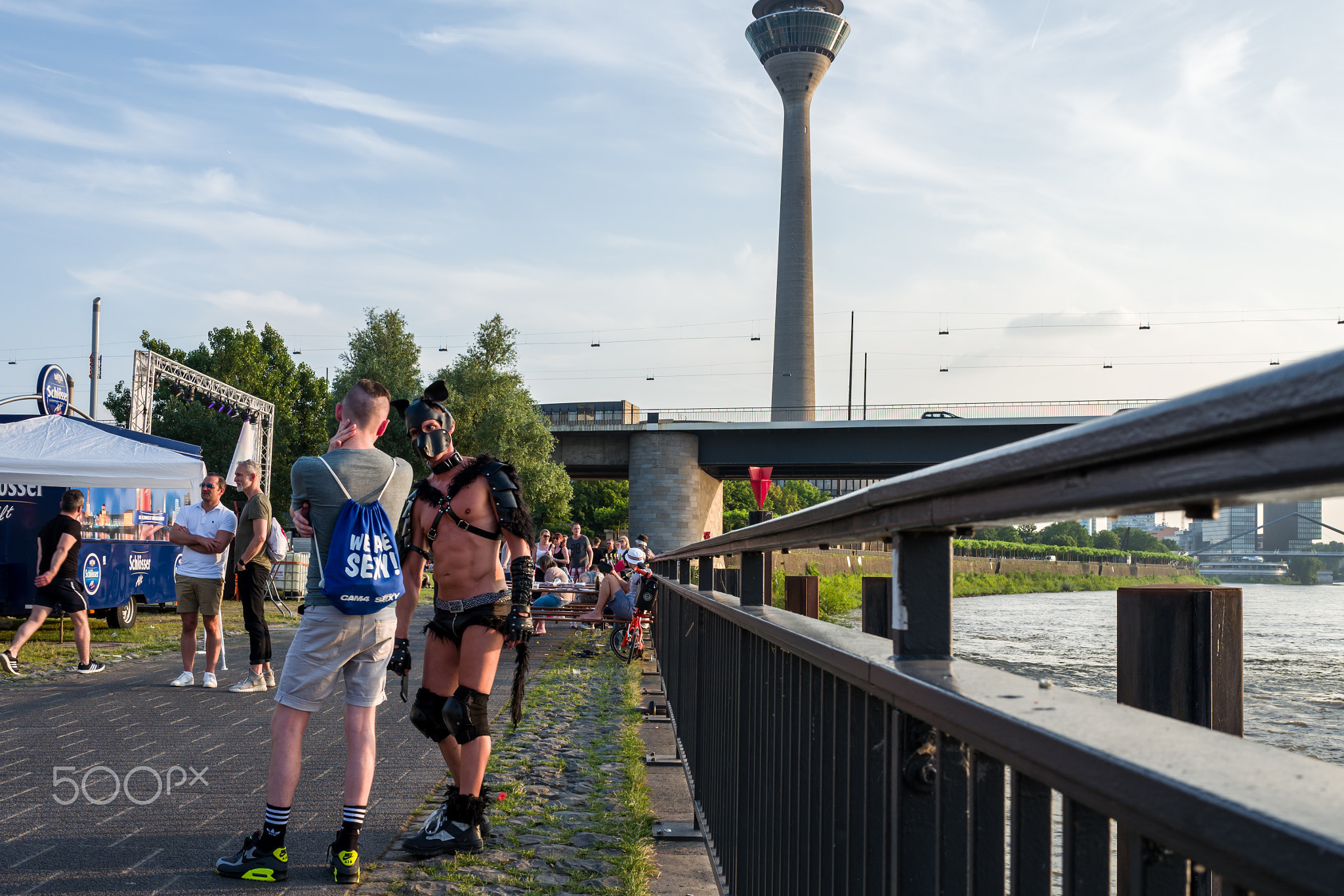 Duesseldorf, Germany - June 04, 2018: Men celebrating at the Gay Pride party at the Rhine river.