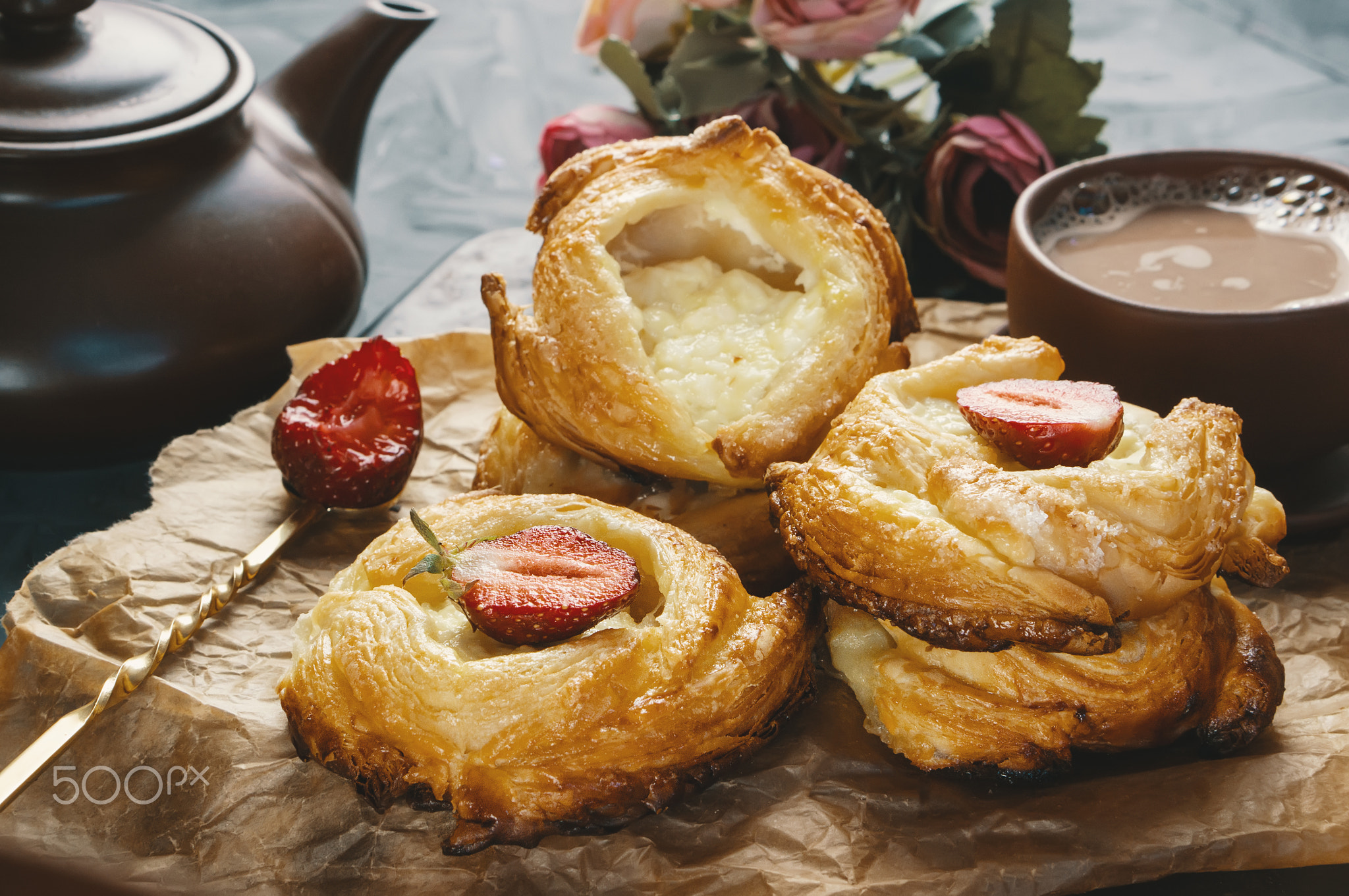 Rolls of puff pastry and cheese, homemade European. Home-made buns for tea