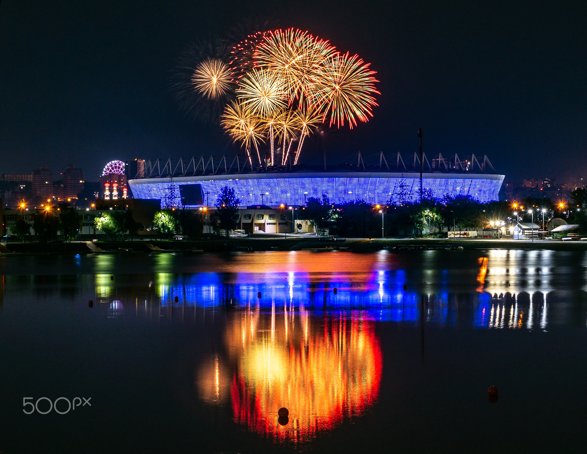 Fireworks over Football Stadium in Rostov-on-Don