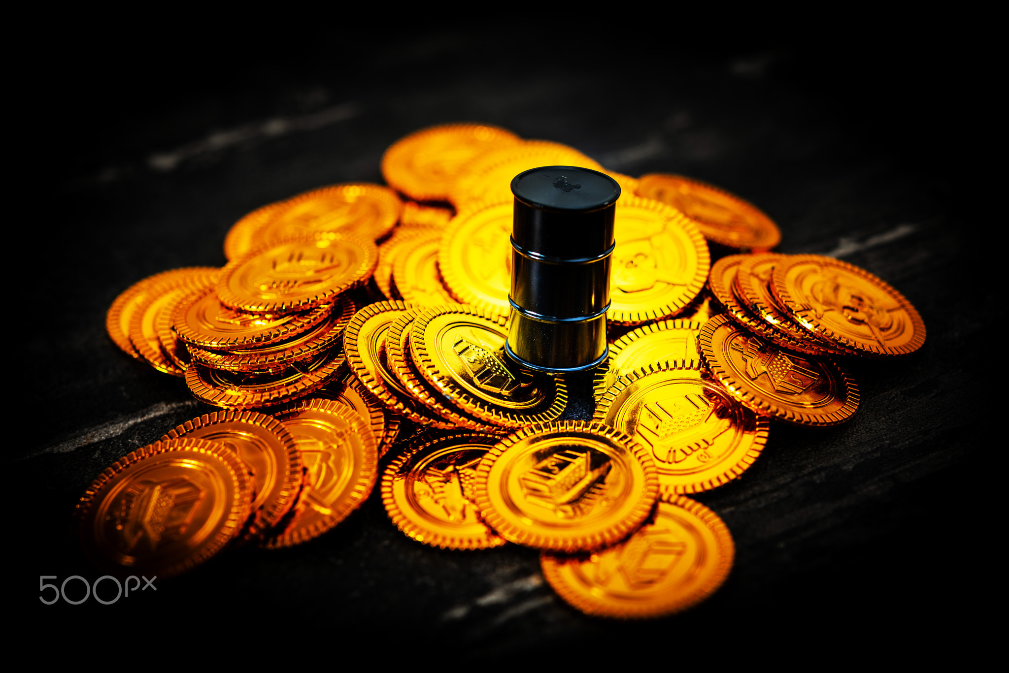 Oil Barrel and mound of money. Oil crisis concept