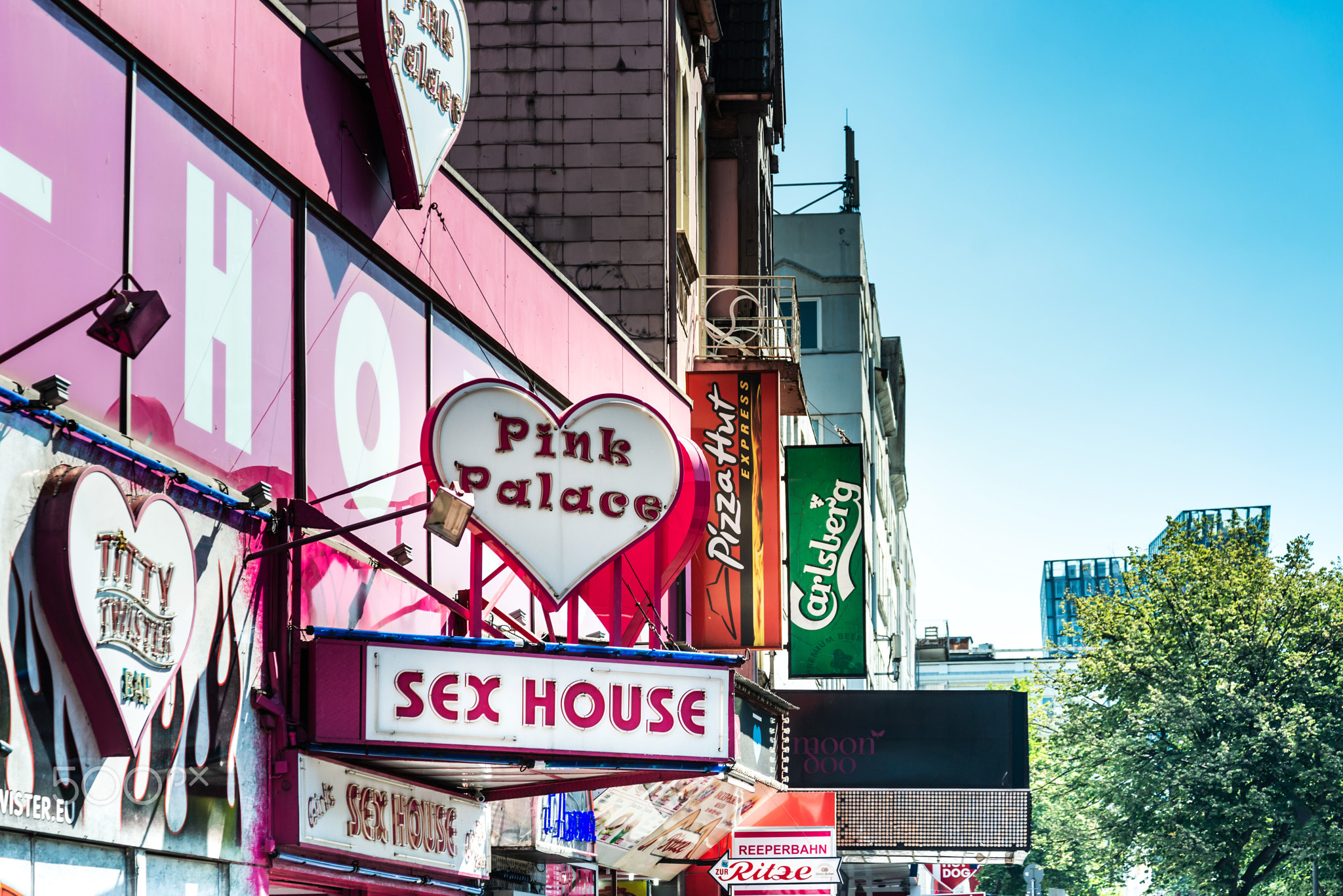 HAMBURG, GERMANY - JULY 24, 2018 : red-light district brothels and strip clubs at the Reeperbahn...