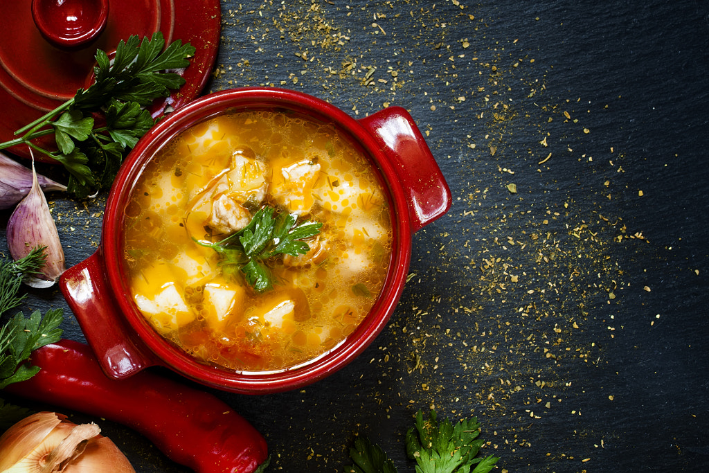 Shurpa soup with meat, potatoes and vegetables, top view by 5PH  on 500px.com