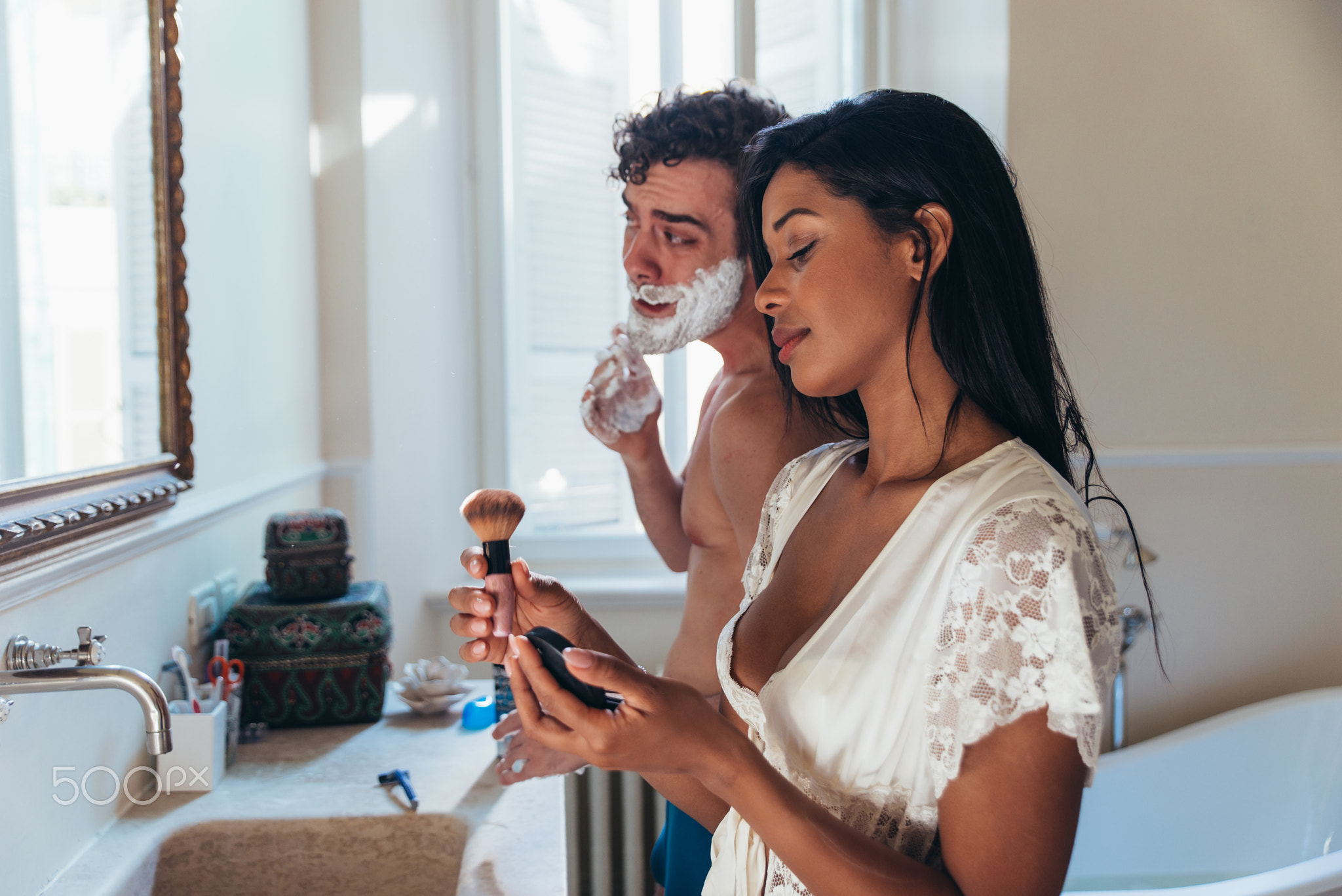 Couple in love spending time together in the house. Romantic mom