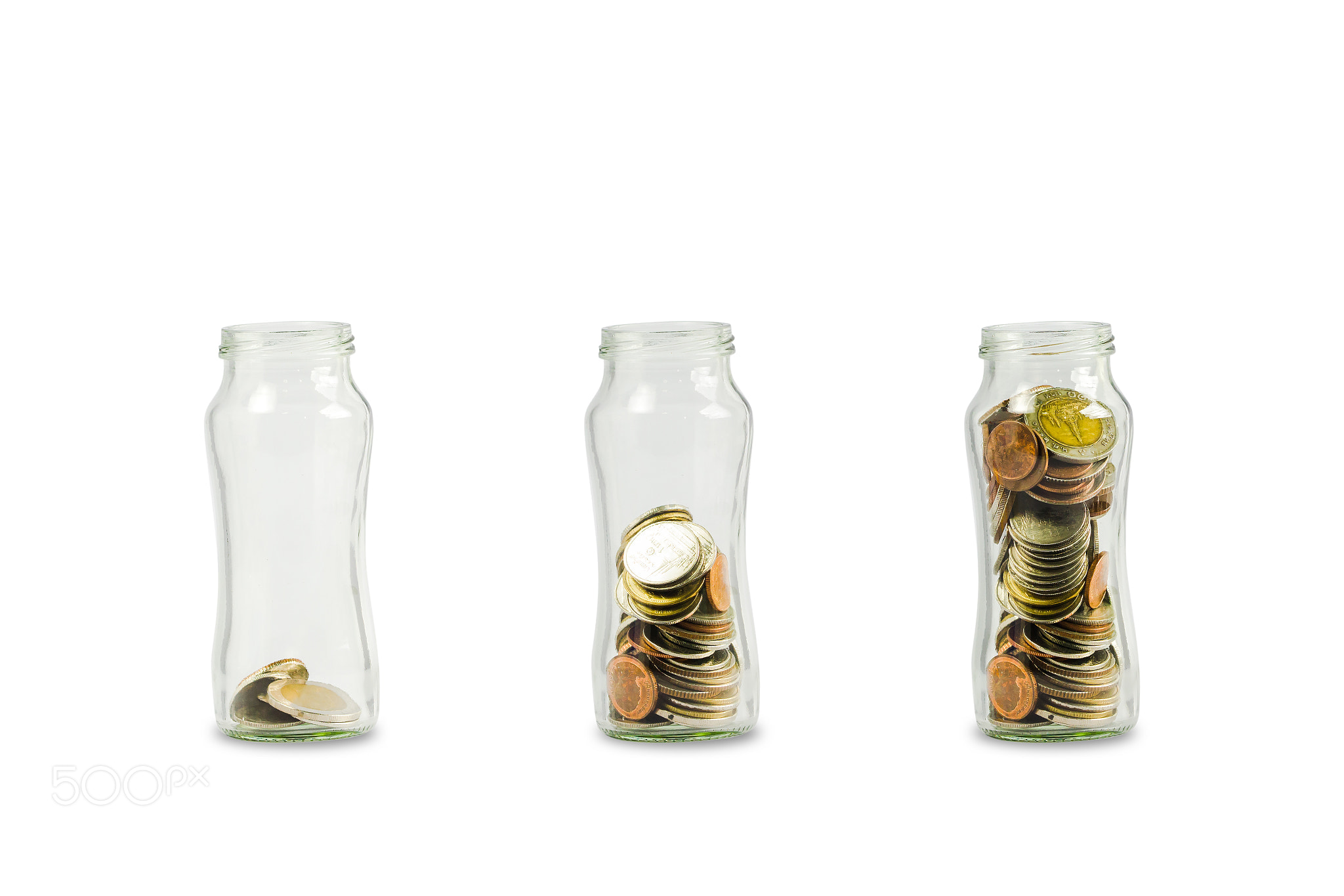 Coins in glass jar isolated on white background include clipping