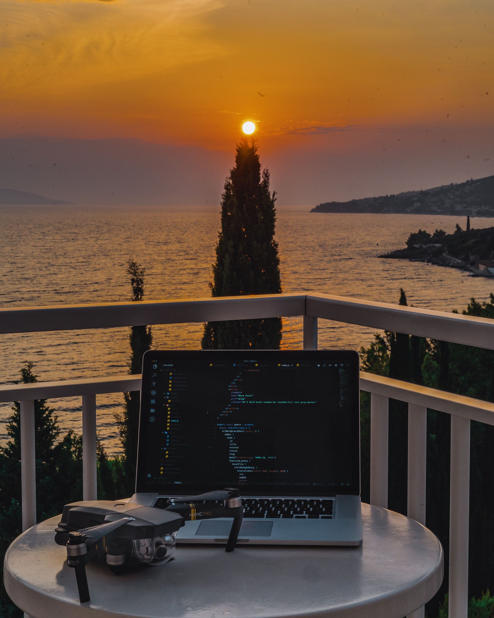Remote work - Coding at sunset
