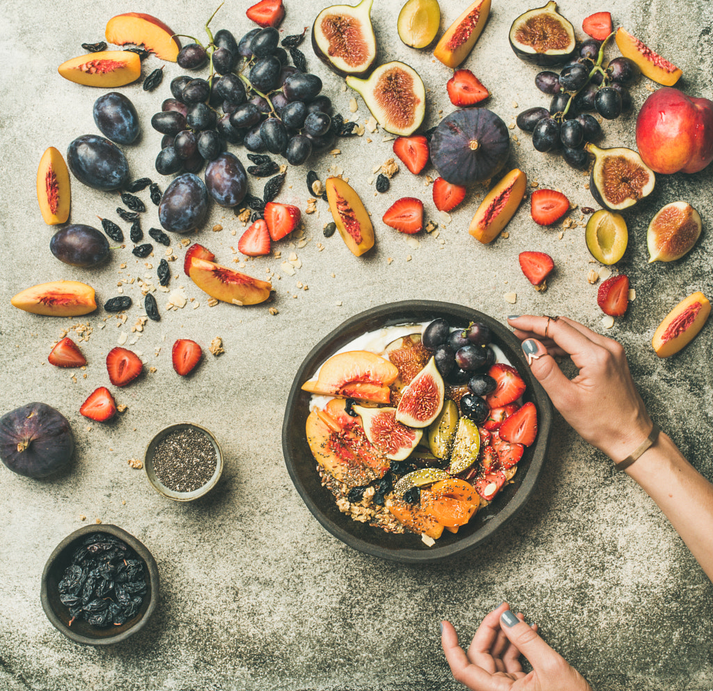 Greek yogurt, fresh fruit and chia seeds bowl, top view by Anna Ivanova on 500px.com