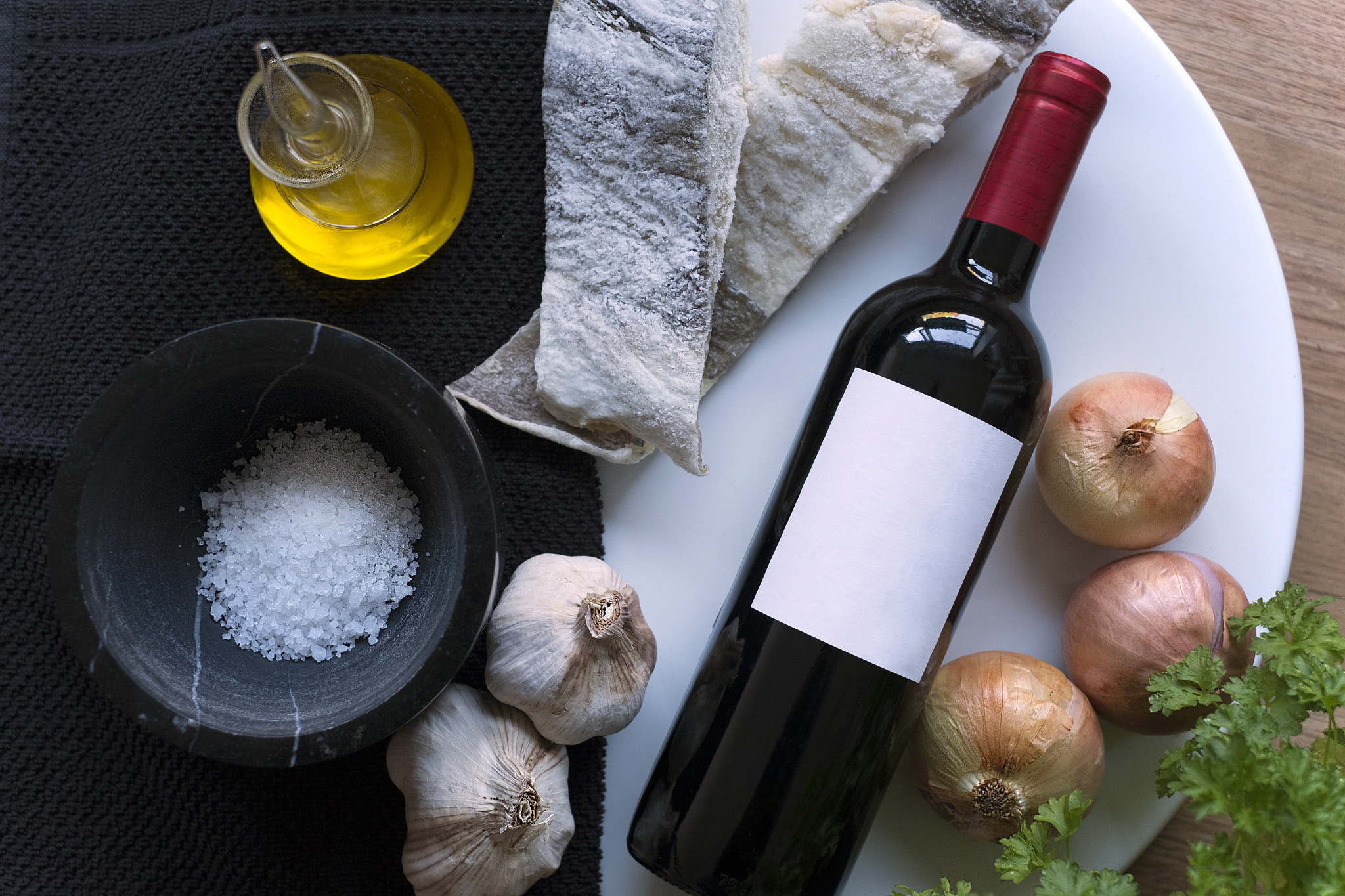 Bottle of wine and food presentation no logo