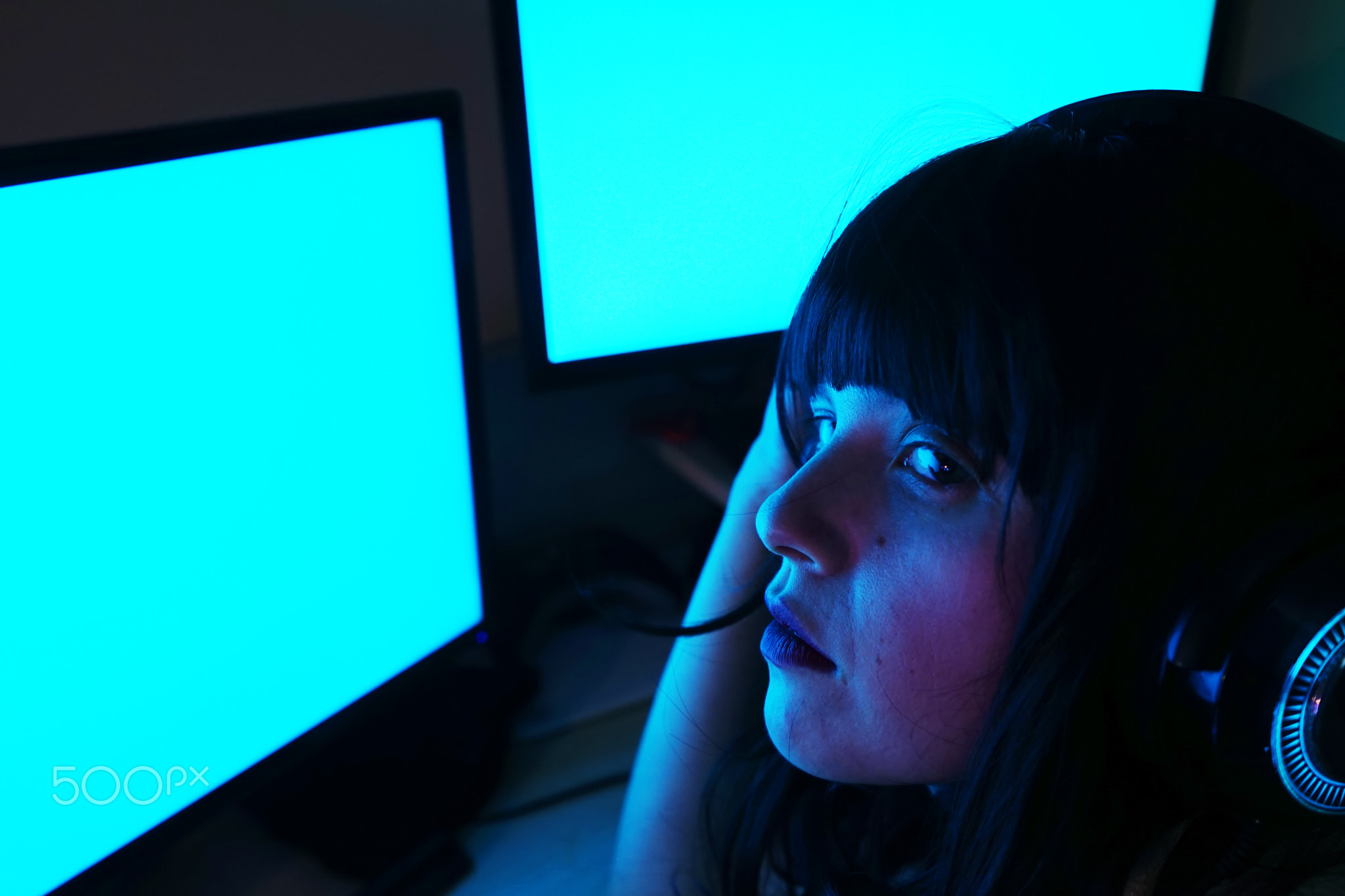 Young woman addict to technology